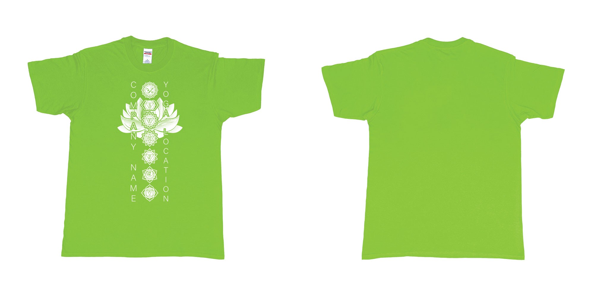 Custom tshirt design chakras single color yoga hindi symbols for custom tshirt printing in fabric color lime choice your own text made in Bali by The Pirate Way
