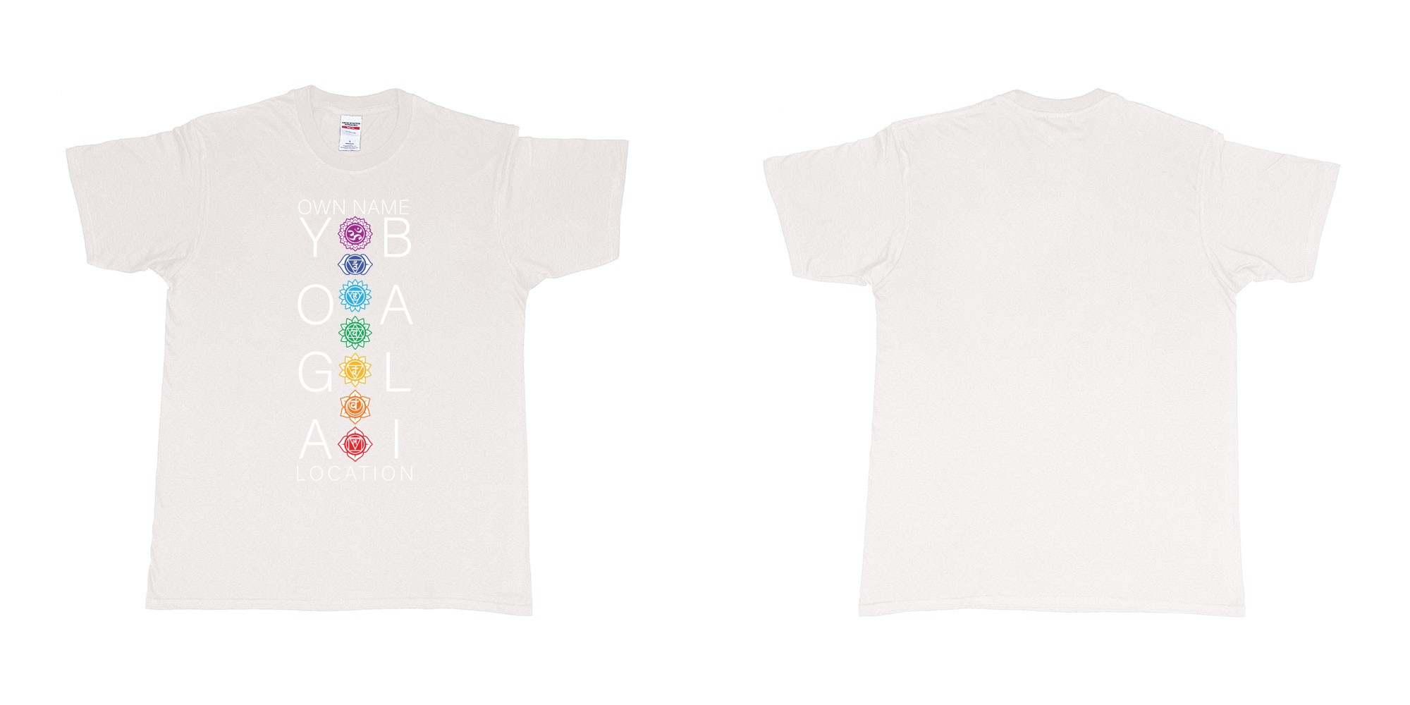 Custom tshirt design chakras yoga hindi symbols for custom printing bali in fabric color white choice your own text made in Bali by The Pirate Way
