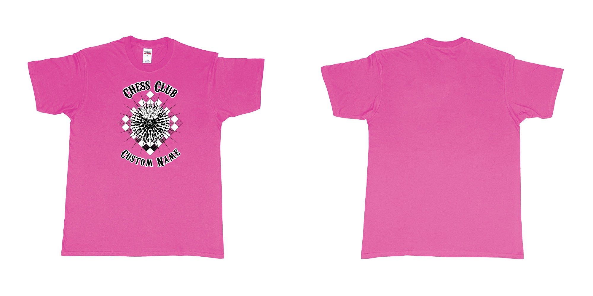 Custom tshirt design chess club mandala in fabric color heliconia choice your own text made in Bali by The Pirate Way