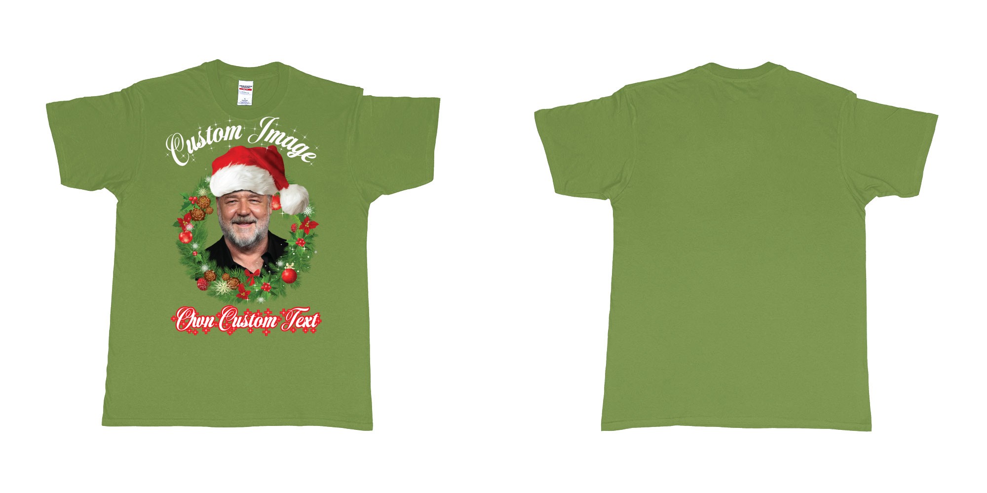 Custom tshirt design christmas wreath custom face image text in fabric color military-green choice your own text made in Bali by The Pirate Way