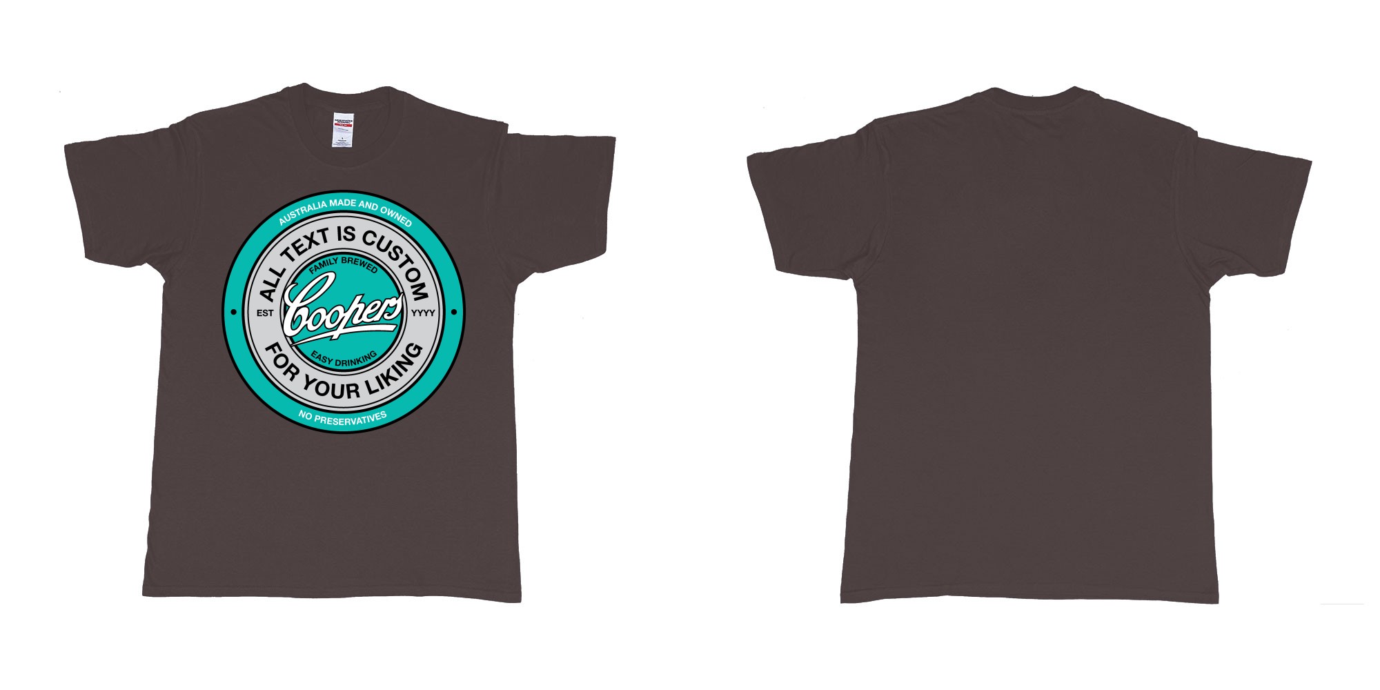 Custom tshirt design coopers brewery australian lager beer logo custom in fabric color dark-chocolate choice your own text made in Bali by The Pirate Way