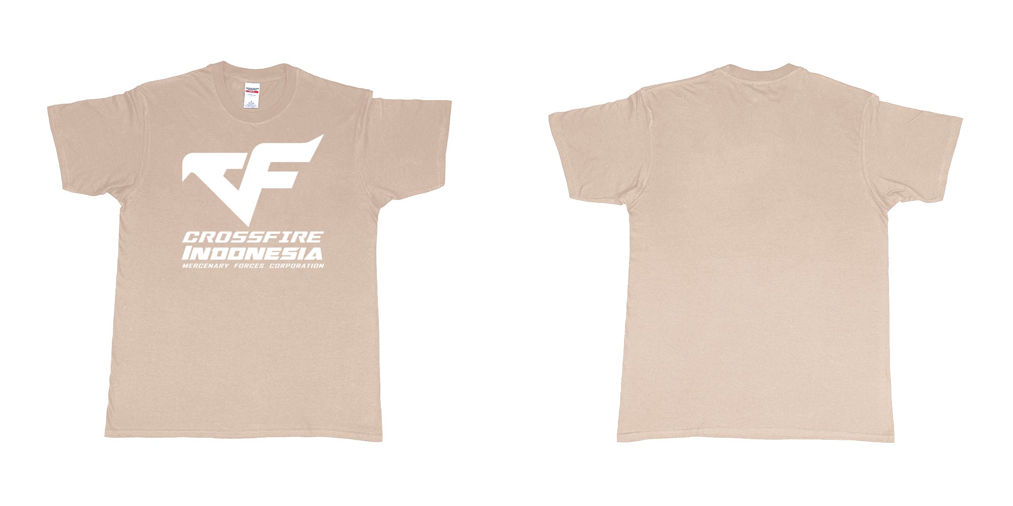 Custom tshirt design crossfire indonesia cfindo in fabric color sand choice your own text made in Bali by The Pirate Way