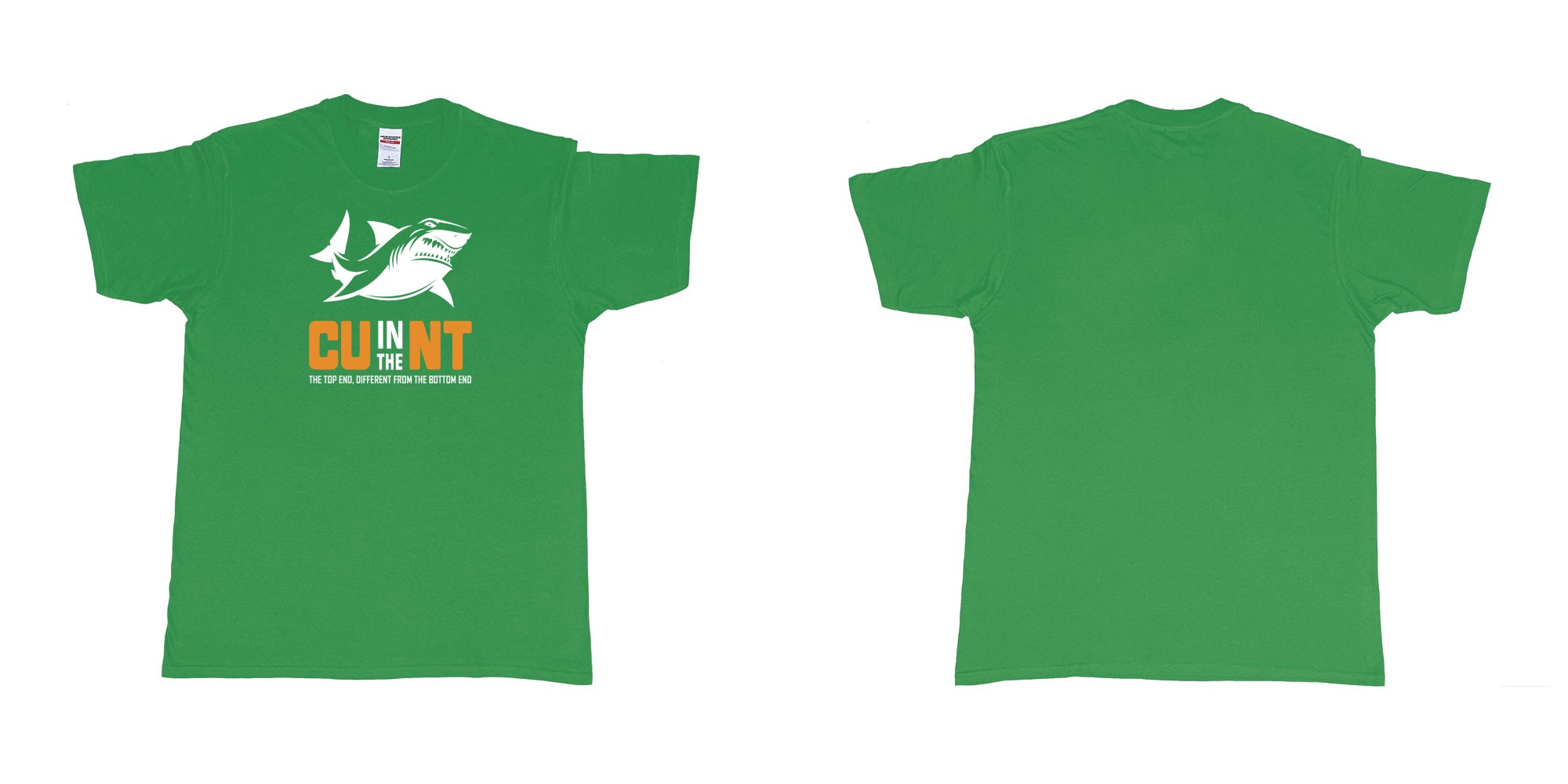 Custom tshirt design cu in the nt northern territory shark in fabric color irish-green choice your own text made in Bali by The Pirate Way
