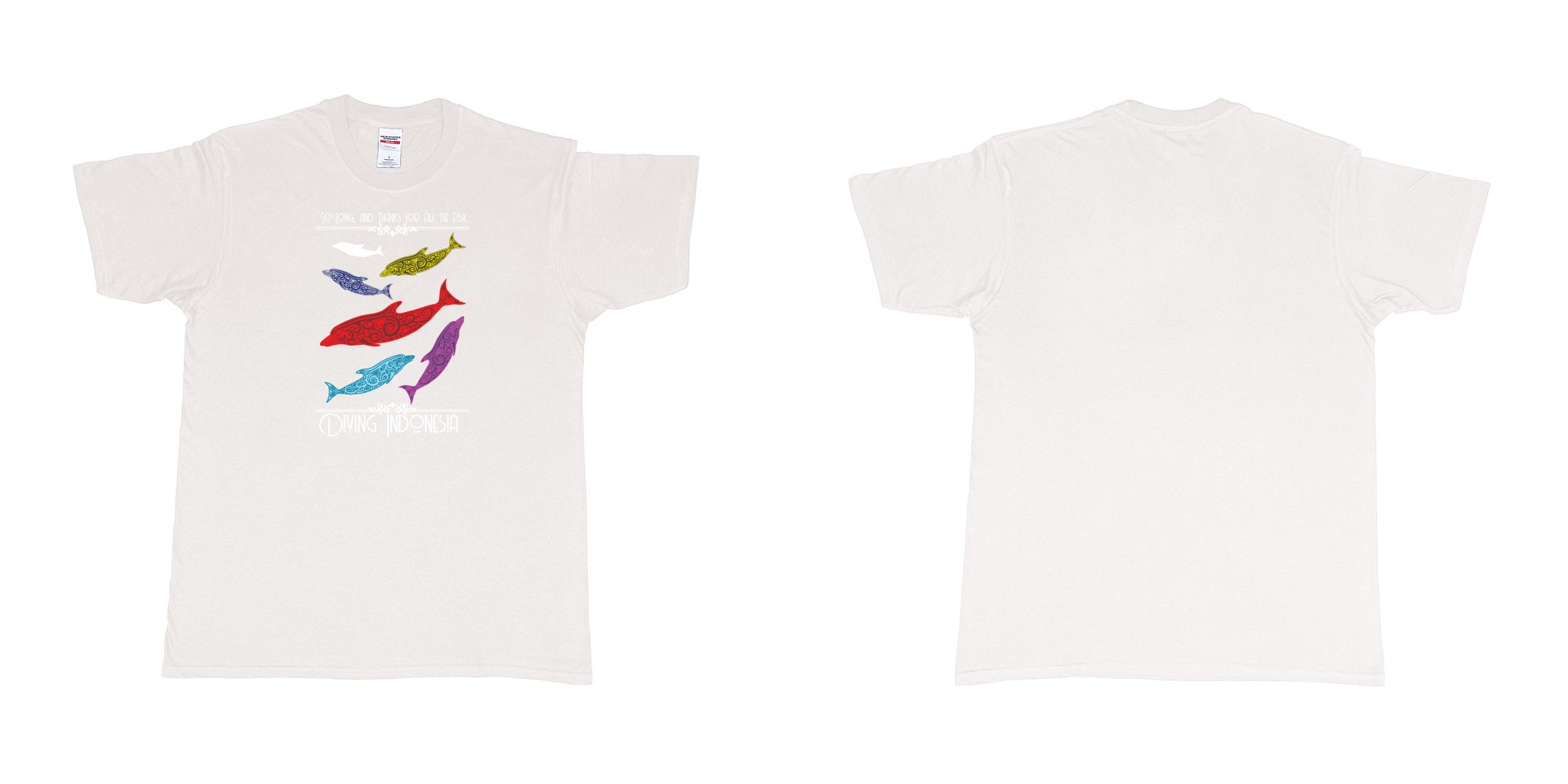 Custom tshirt design diving indonesia so long and thanks for all the fish dolphins tribals in fabric color white choice your own text made in Bali by The Pirate Way