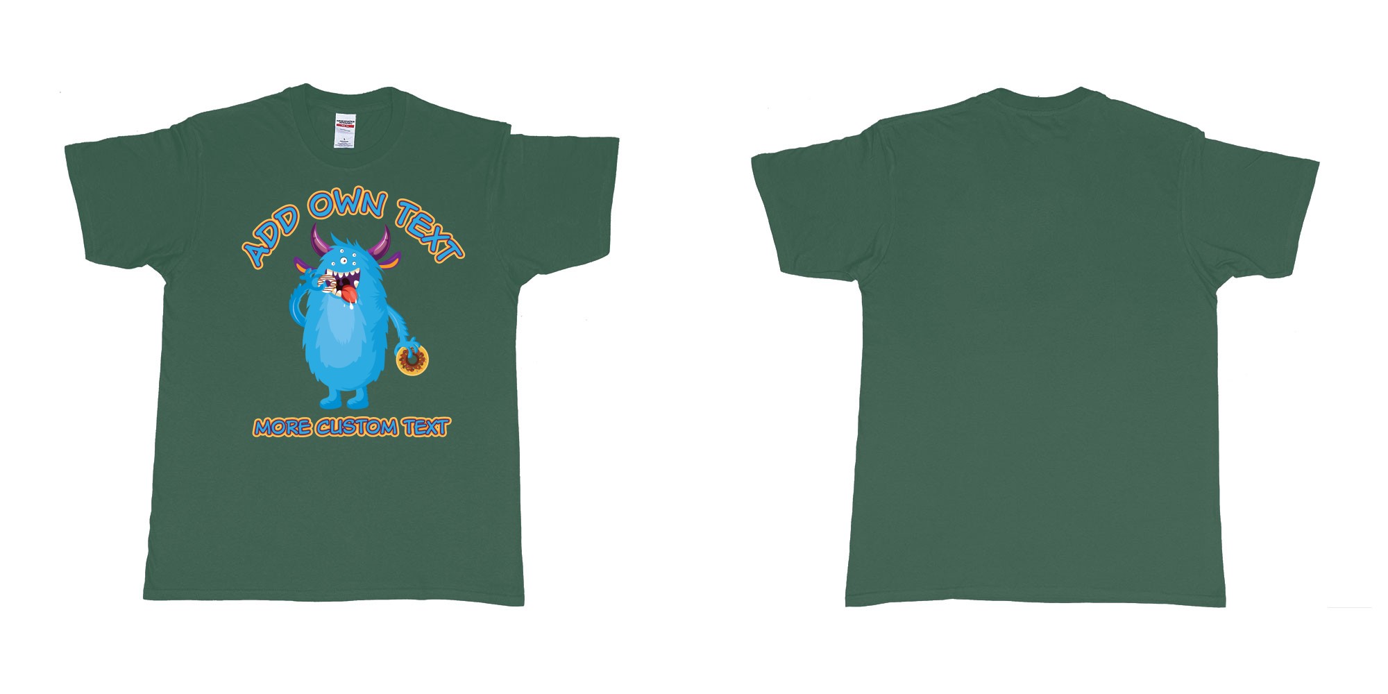 Custom tshirt design dojo monsters blue add your own custom text in fabric color forest-green choice your own text made in Bali by The Pirate Way