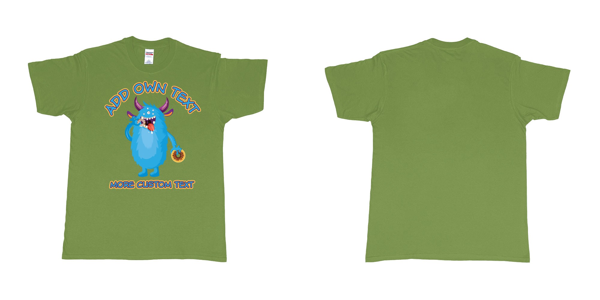 Custom tshirt design dojo monsters blue add your own custom text in fabric color military-green choice your own text made in Bali by The Pirate Way