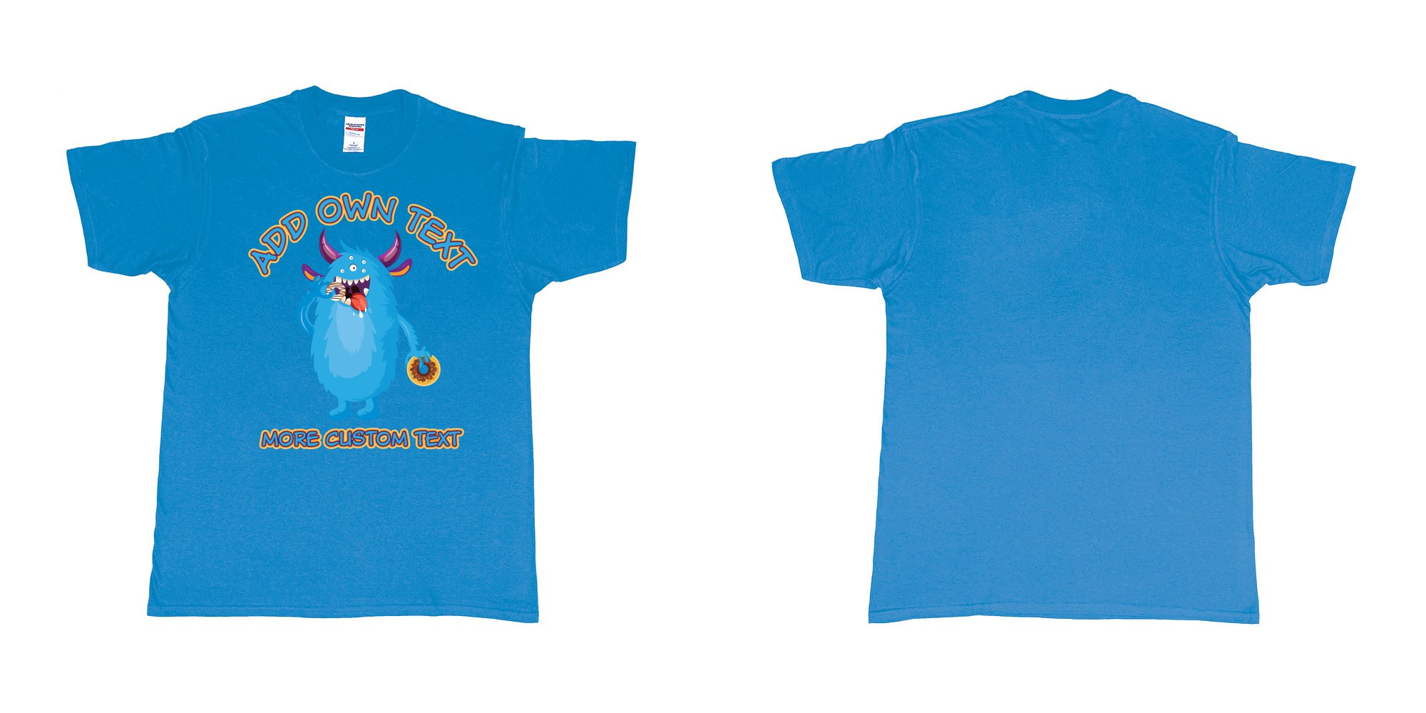 Custom tshirt design dojo monsters blue add your own custom text in fabric color sapphire choice your own text made in Bali by The Pirate Way