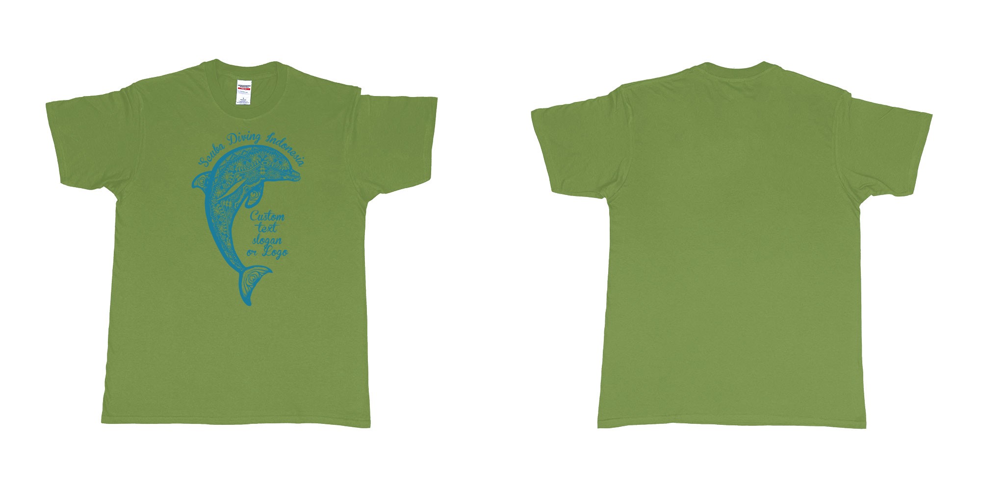 Custom tshirt design dolphin bali pattern scuba diving indonesia in fabric color military-green choice your own text made in Bali by The Pirate Way