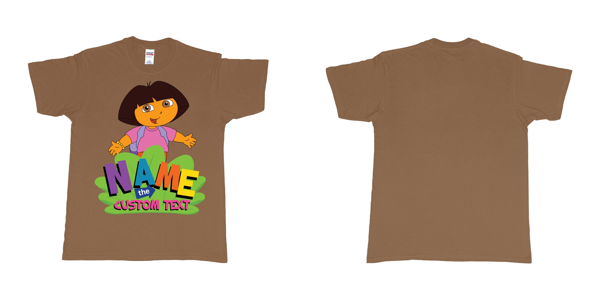 Custom tshirt design dora the explorer giving hug custom name and text design in fabric color chestnut choice your own text made in Bali by The Pirate Way