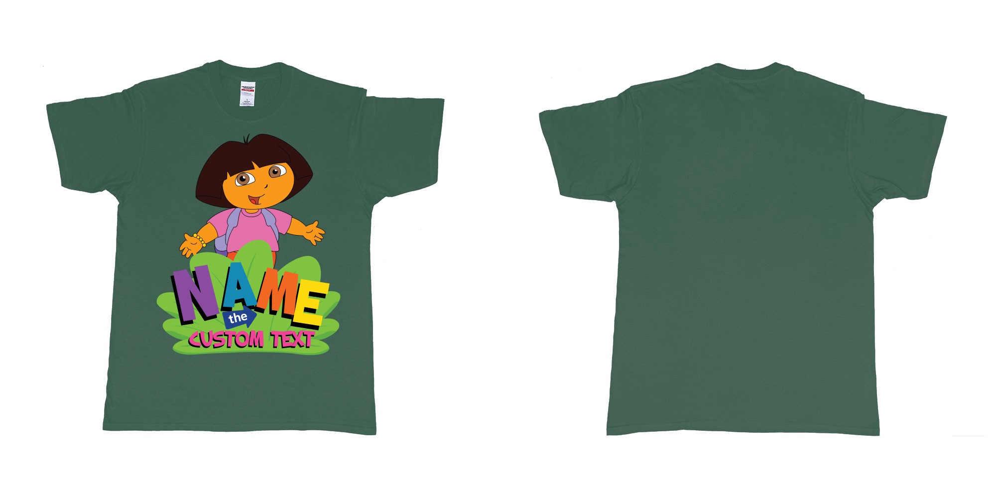 Custom tshirt design dora the explorer giving hug custom name and text design in fabric color forest-green choice your own text made in Bali by The Pirate Way