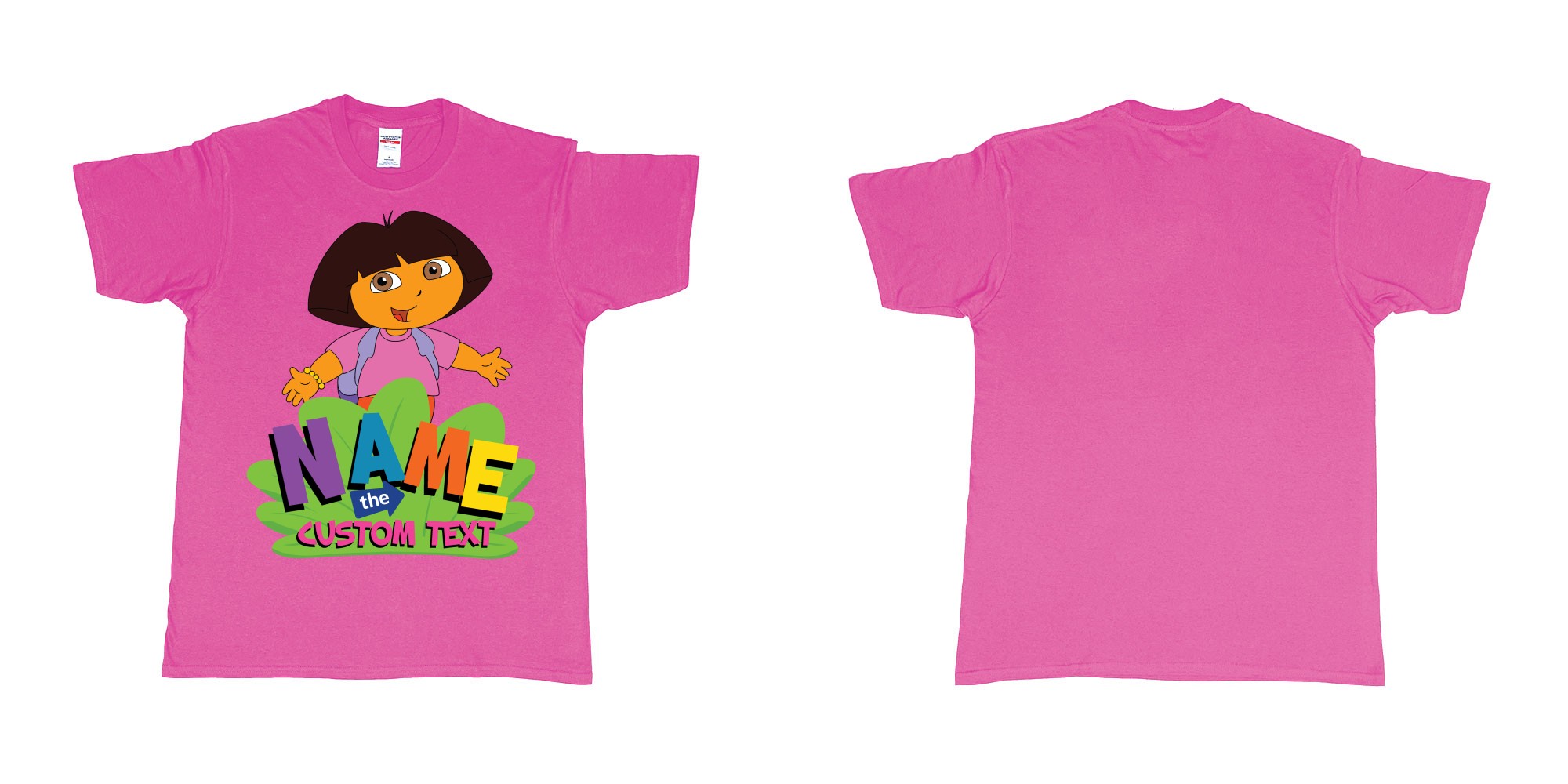 Custom tshirt design dora the explorer giving hug custom name and text design in fabric color heliconia choice your own text made in Bali by The Pirate Way