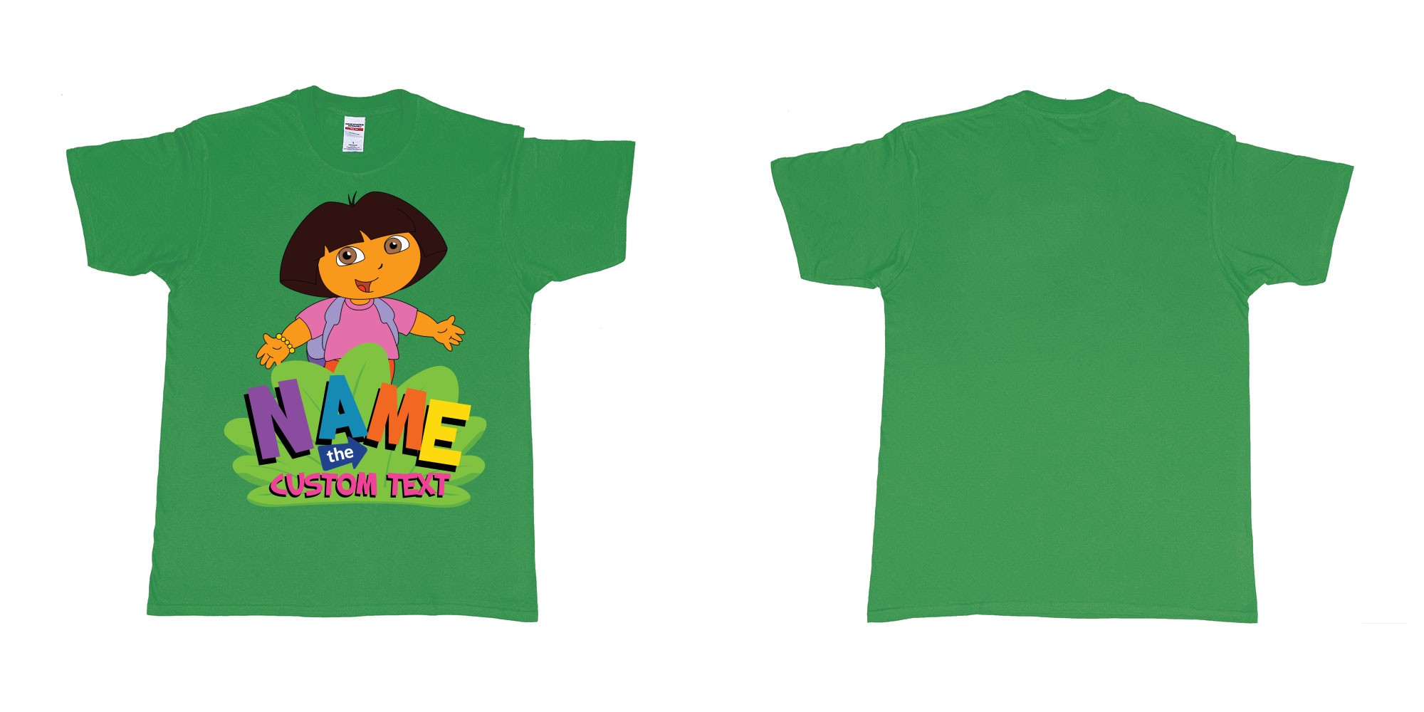 Custom tshirt design dora the explorer giving hug custom name and text design in fabric color irish-green choice your own text made in Bali by The Pirate Way
