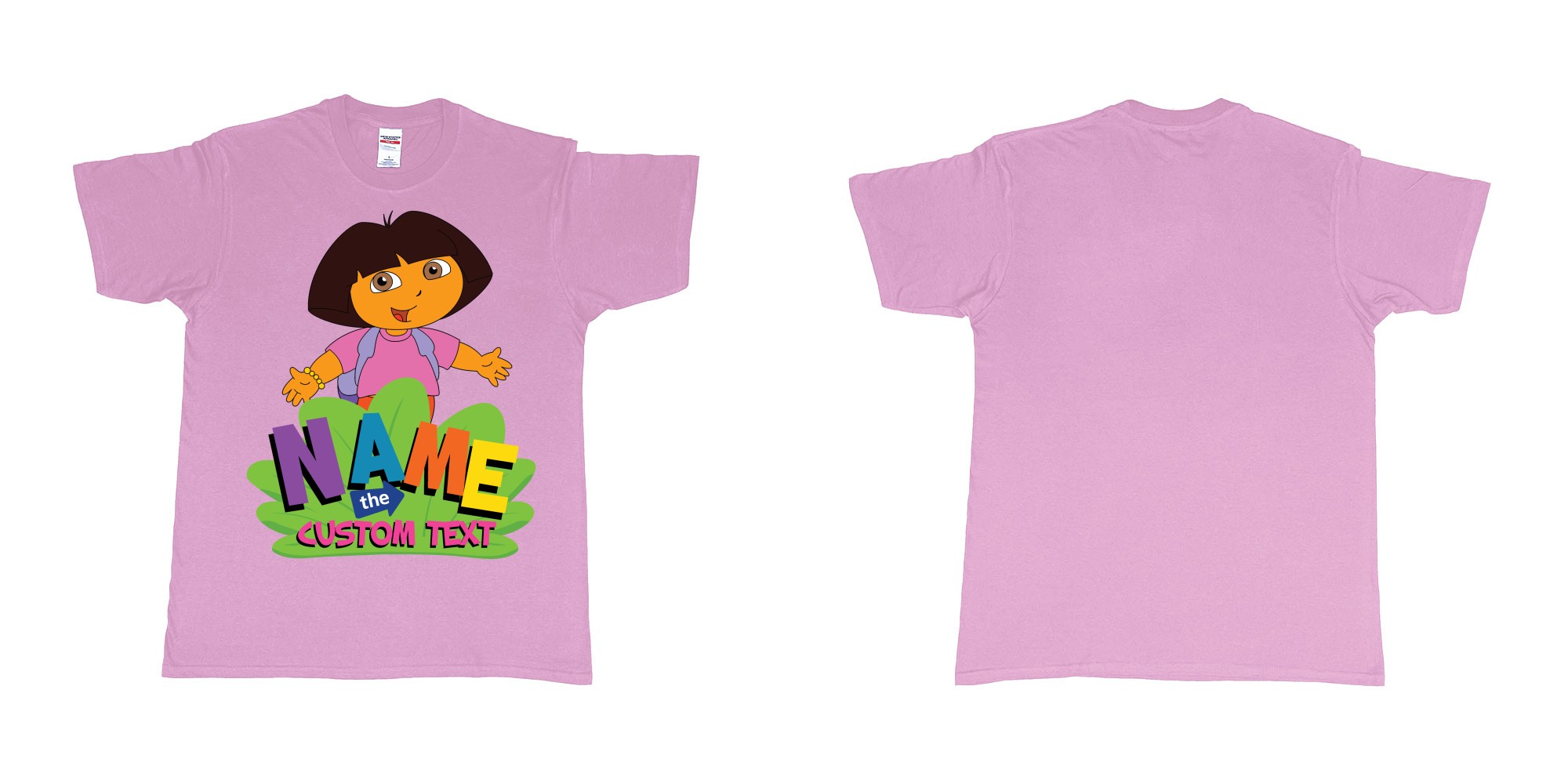 Custom tshirt design dora the explorer giving hug custom name and text design in fabric color light-pink choice your own text made in Bali by The Pirate Way