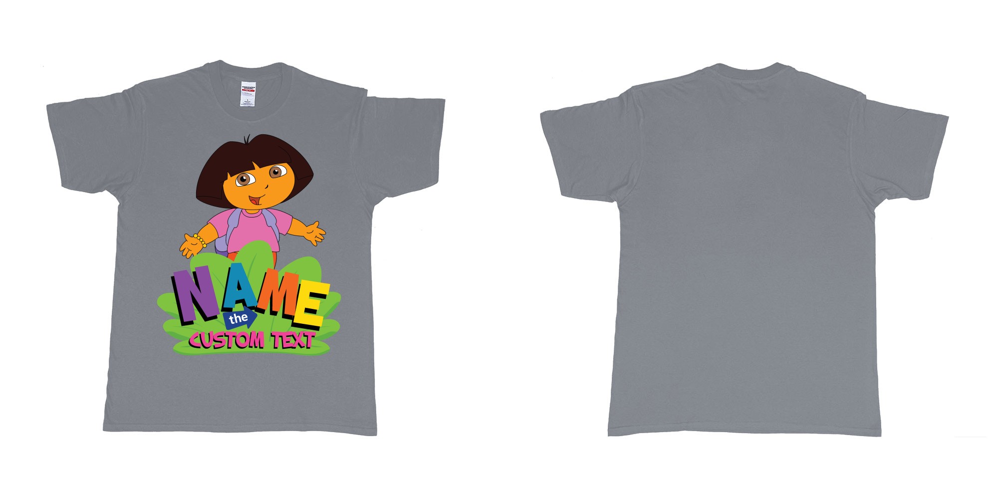 Custom tshirt design dora the explorer giving hug custom name and text design in fabric color misty choice your own text made in Bali by The Pirate Way