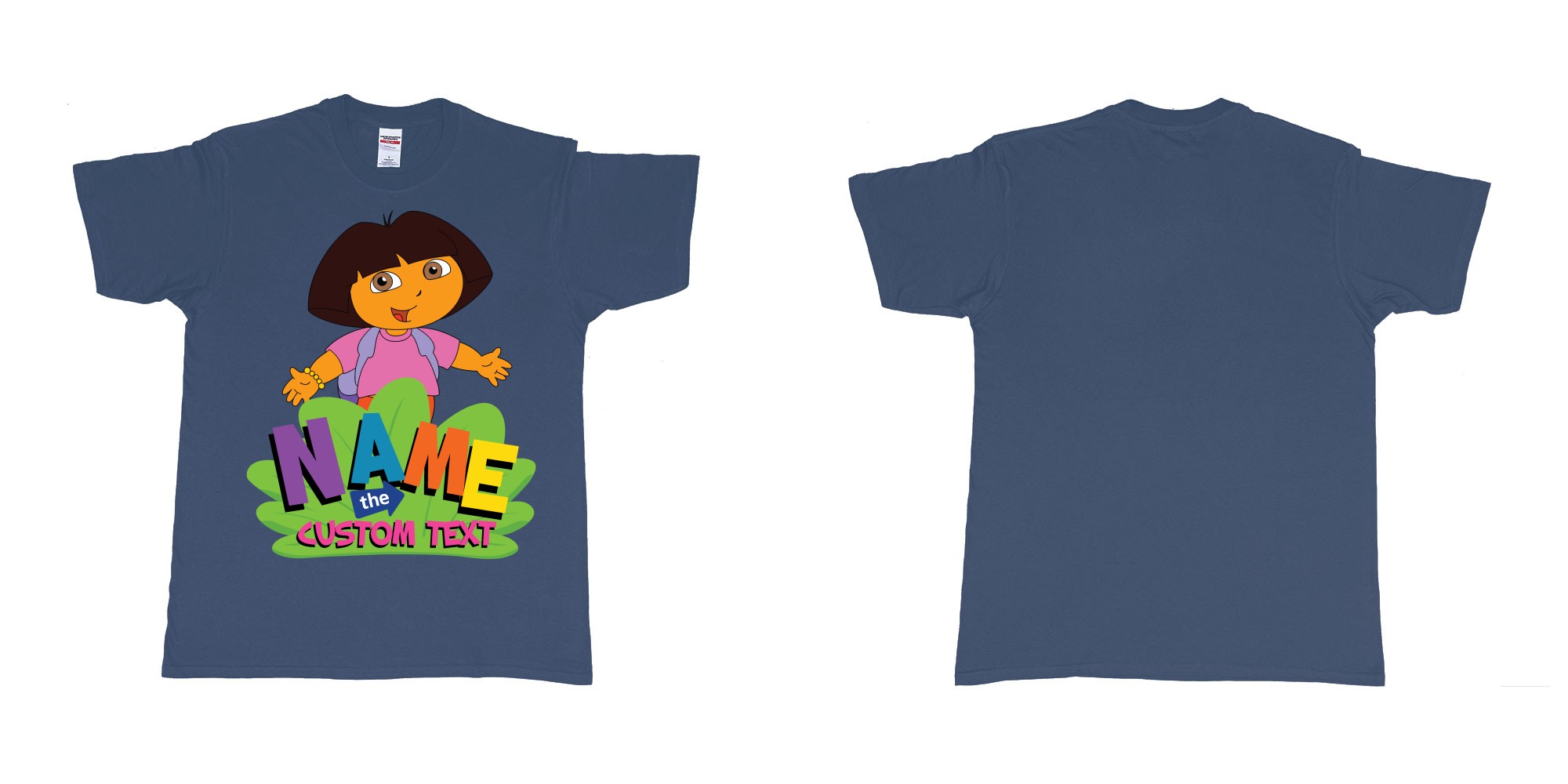 Custom tshirt design dora the explorer giving hug custom name and text design in fabric color navy choice your own text made in Bali by The Pirate Way