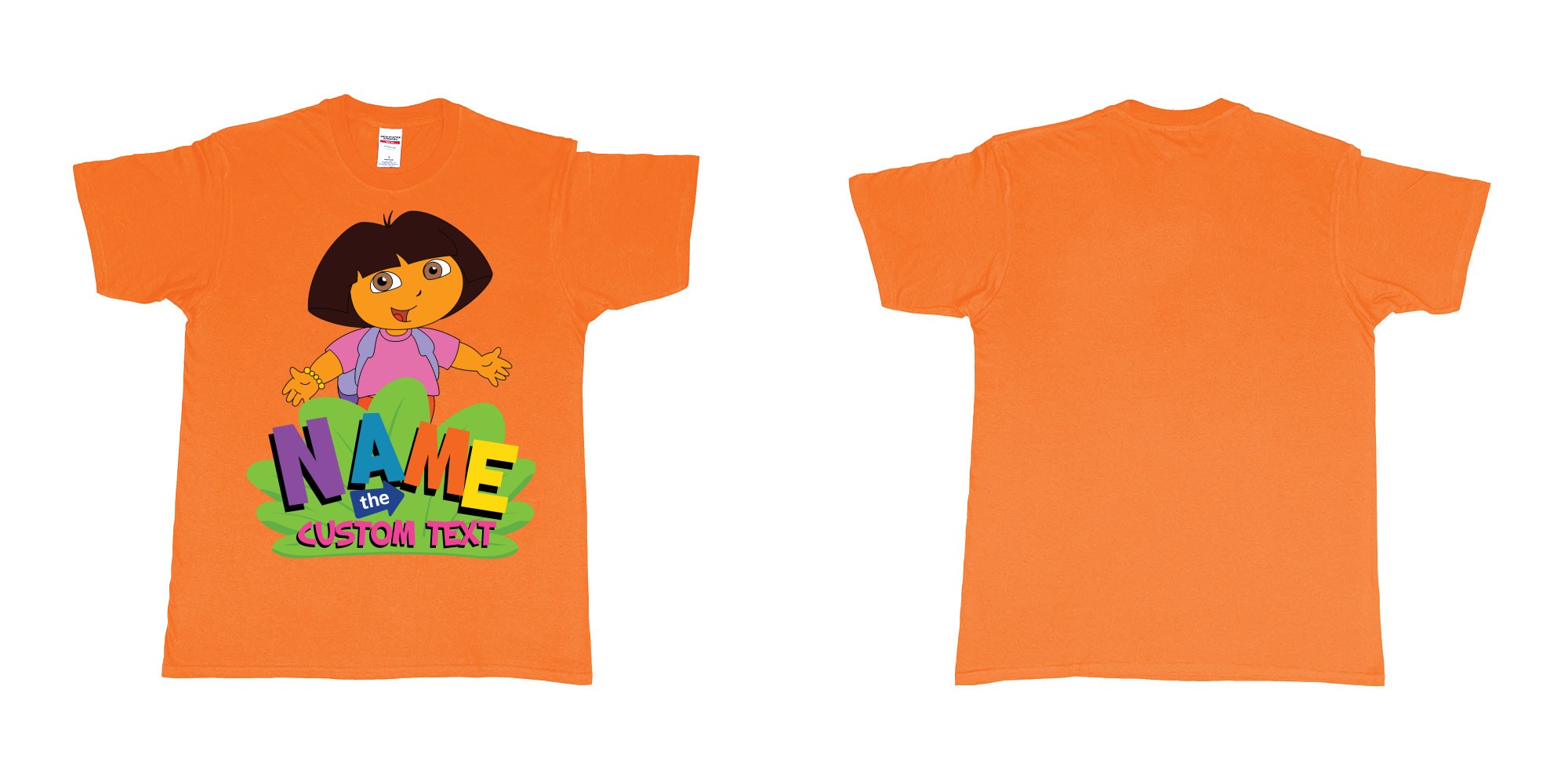 Custom tshirt design dora the explorer giving hug custom name and text design in fabric color orange choice your own text made in Bali by The Pirate Way