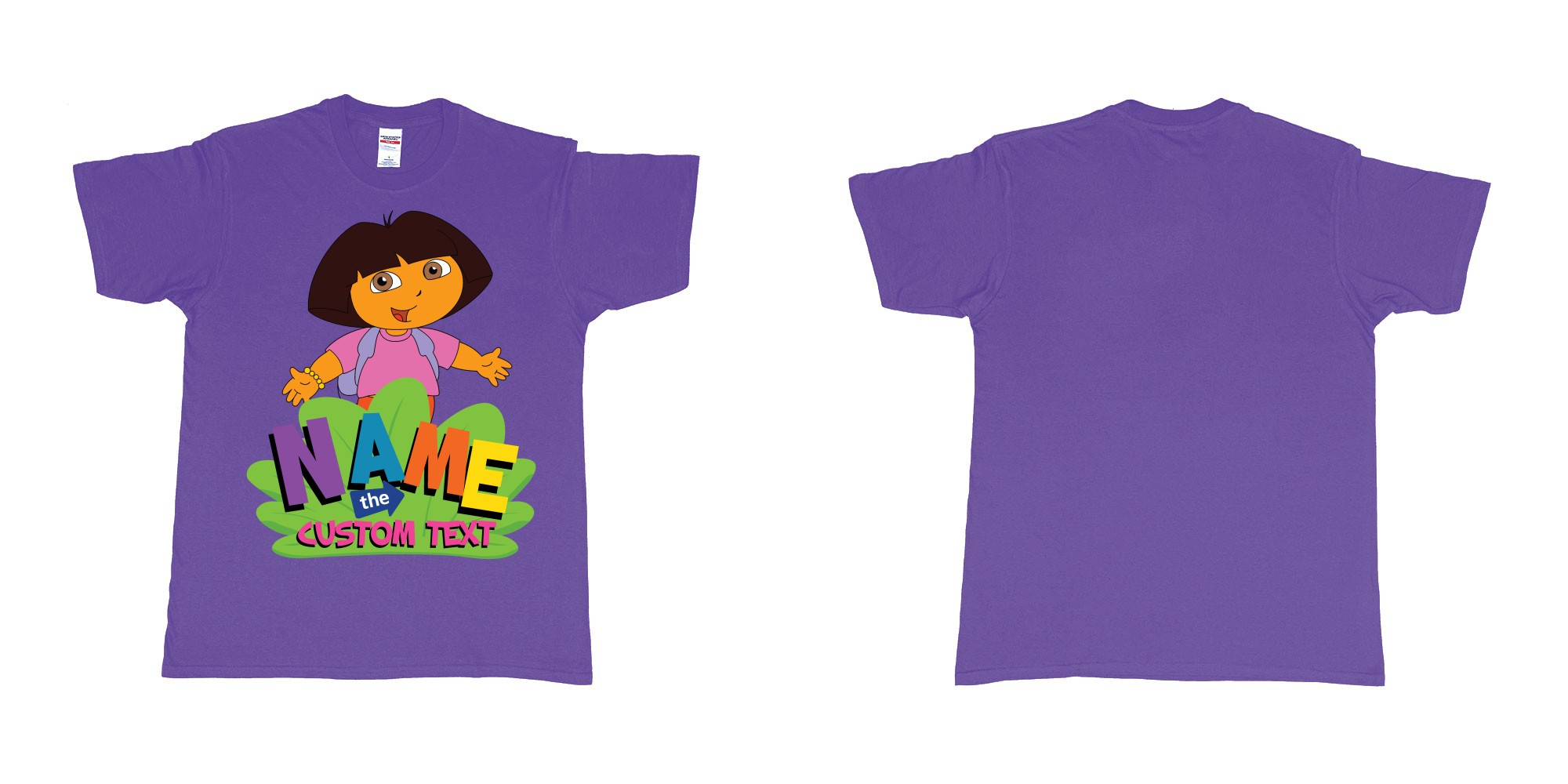 Custom tshirt design dora the explorer giving hug custom name and text design in fabric color purple choice your own text made in Bali by The Pirate Way