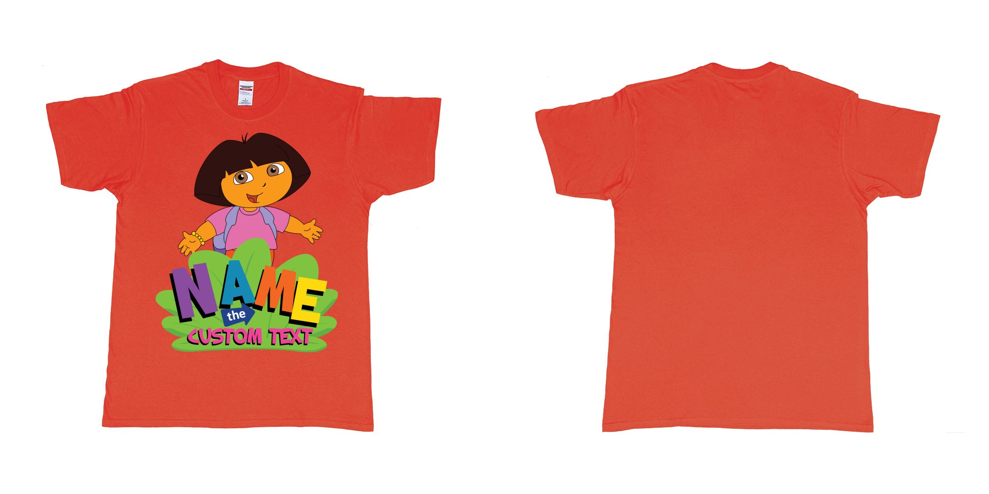 Custom tshirt design dora the explorer giving hug custom name and text design in fabric color red choice your own text made in Bali by The Pirate Way