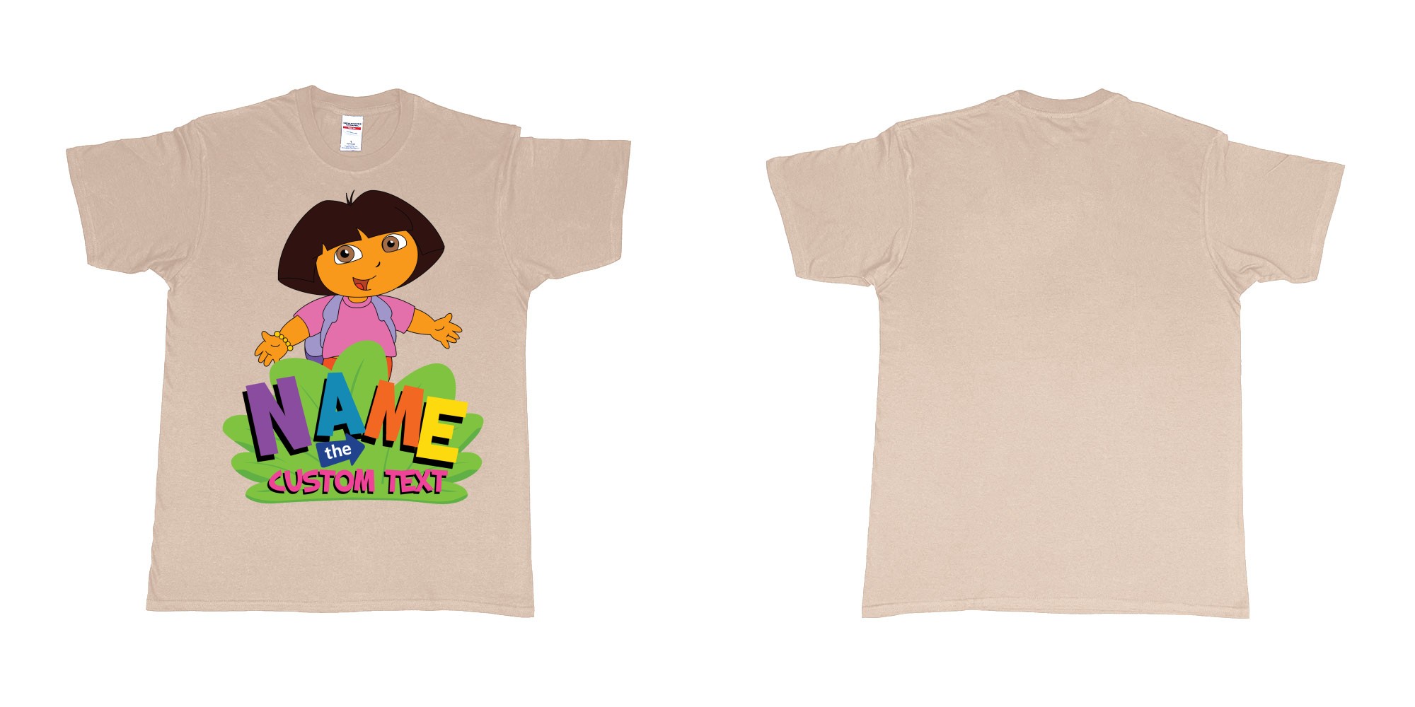 Custom tshirt design dora the explorer giving hug custom name and text design in fabric color sand choice your own text made in Bali by The Pirate Way