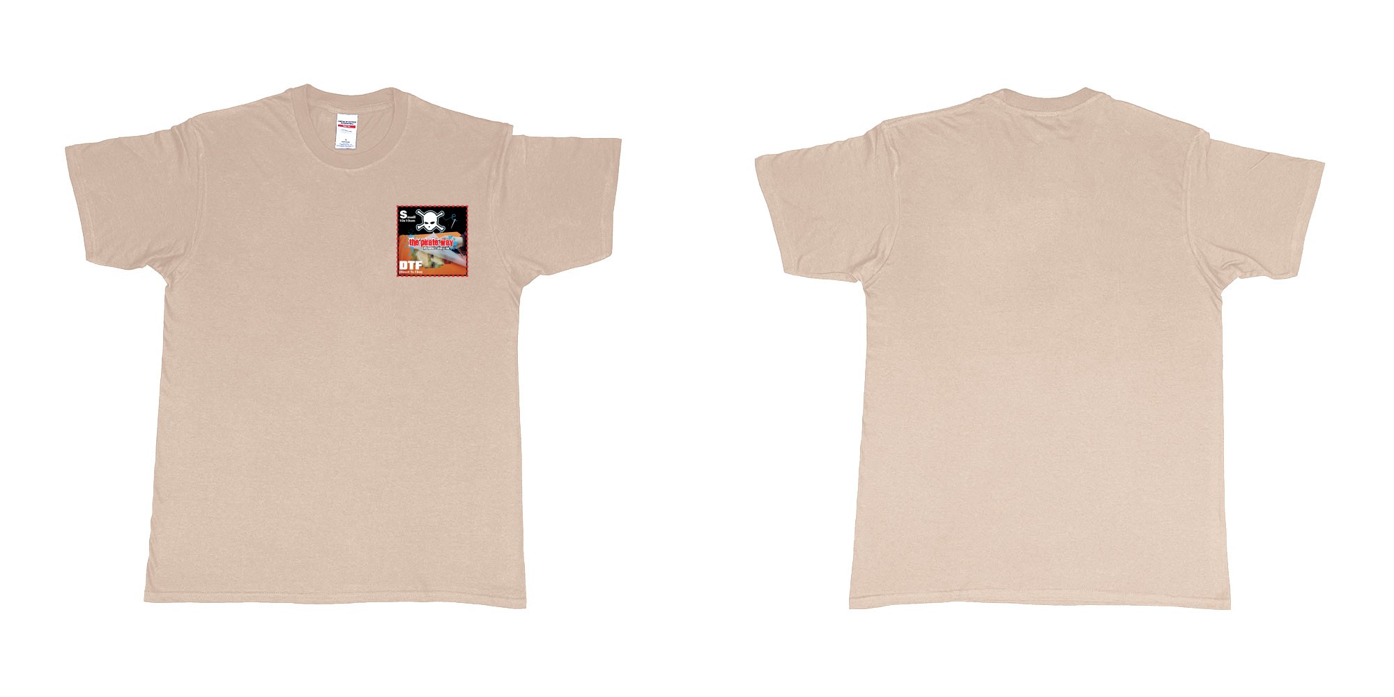 Custom tshirt design dtf printing tshirt small 10x10cm in fabric color sand choice your own text made in Bali by The Pirate Way