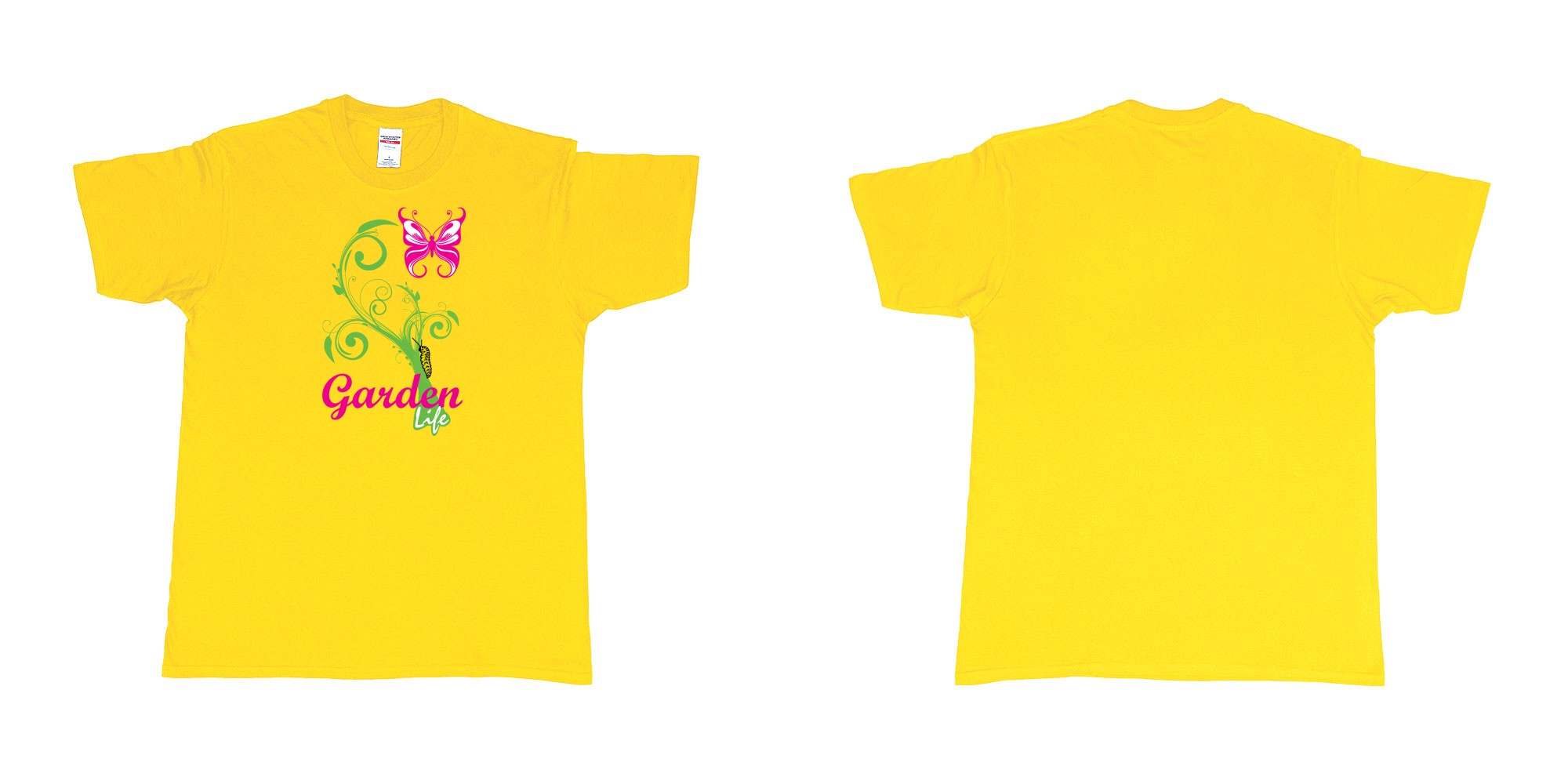 Custom tshirt design garden life transformation from a caterpillar and a butterfly in fabric color daisy choice your own text made in Bali by The Pirate Way