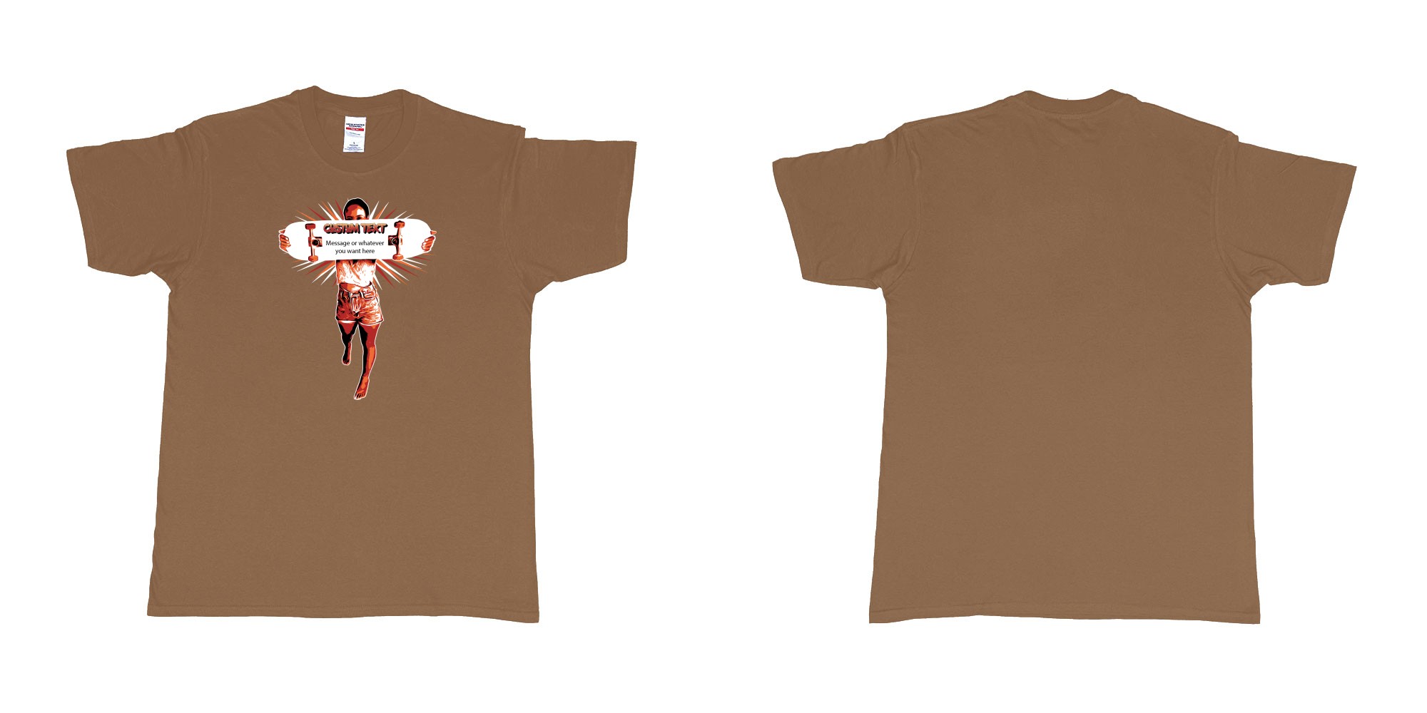 Custom tshirt design girl holding skateboard custom text own message in fabric color chestnut choice your own text made in Bali by The Pirate Way