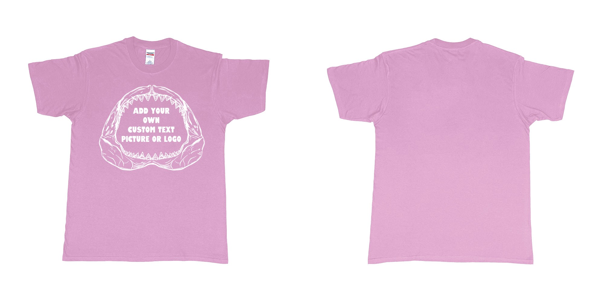 Custom tshirt design great white shark jaws bones add text picture logo printing bali in fabric color light-pink choice your own text made in Bali by The Pirate Way