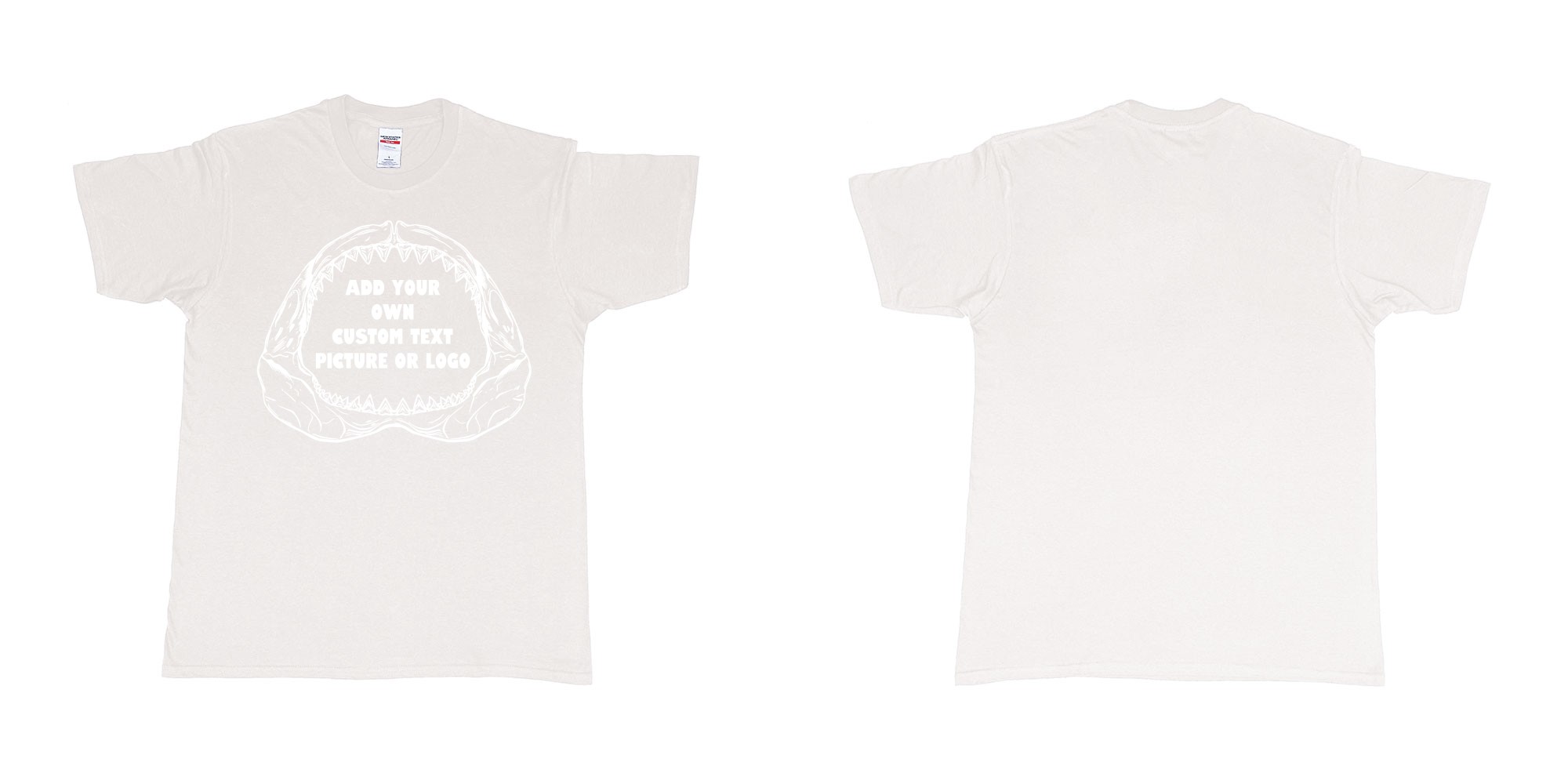Custom tshirt design great white shark jaws bones add text picture logo printing bali in fabric color white choice your own text made in Bali by The Pirate Way