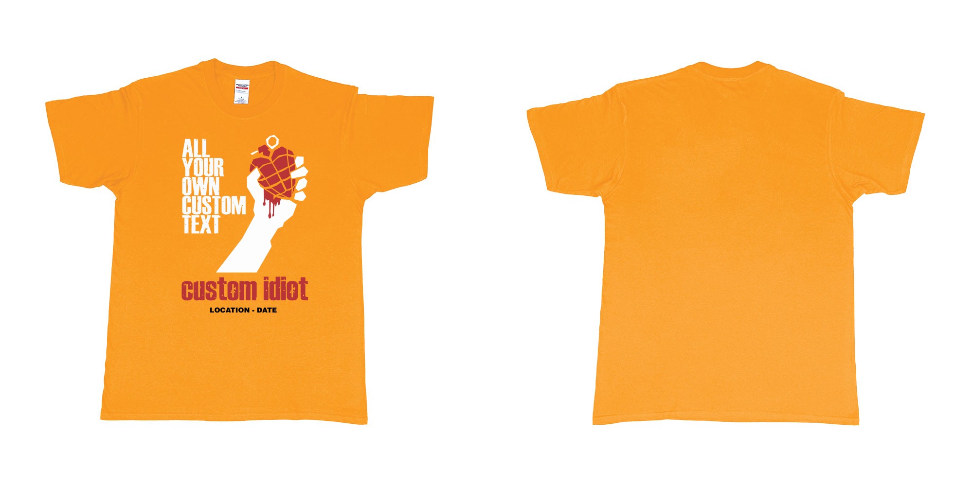 Custom tshirt design green day american idiot custom bali bucks party in fabric color gold choice your own text made in Bali by The Pirate Way