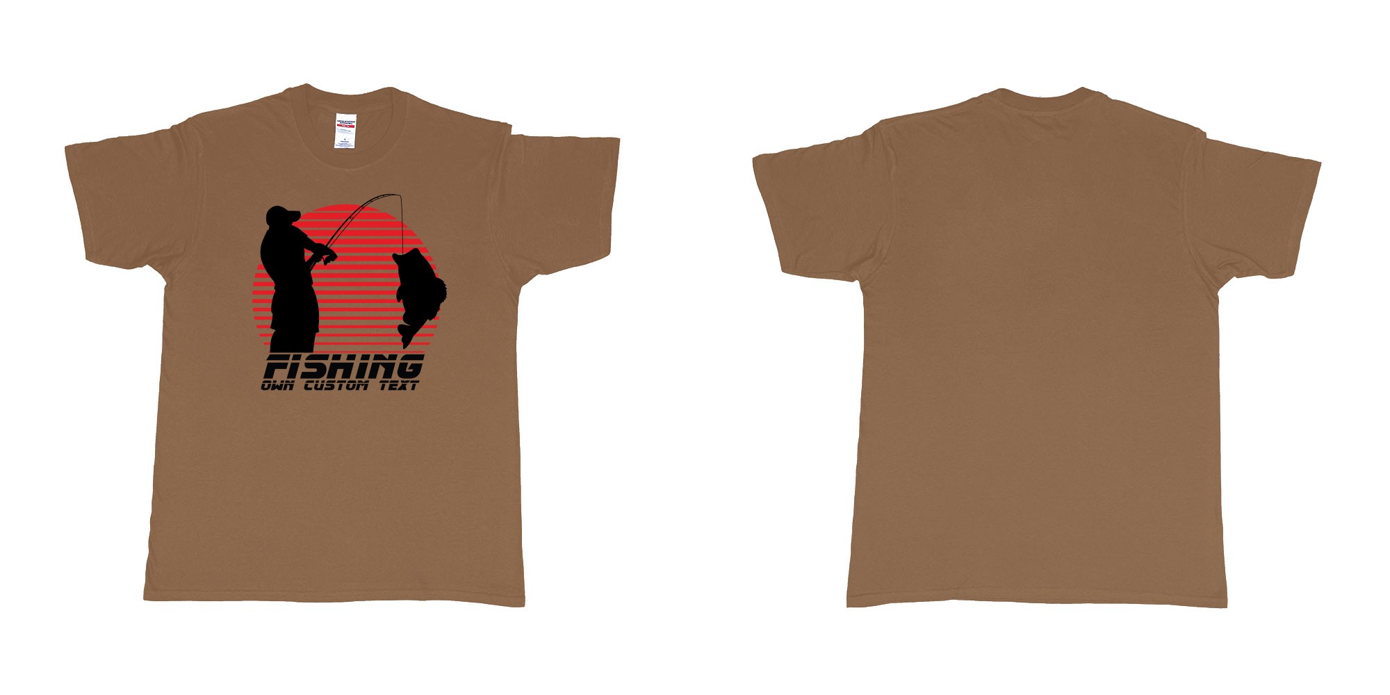 Custom tshirt design guy fishing catching fish sunset in fabric color chestnut choice your own text made in Bali by The Pirate Way