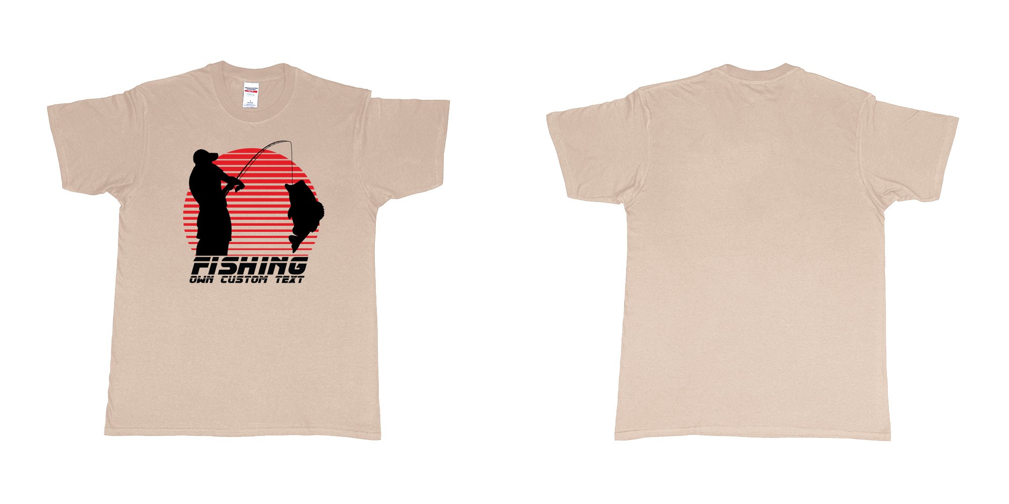 Custom tshirt design guy fishing catching fish sunset in fabric color sand choice your own text made in Bali by The Pirate Way