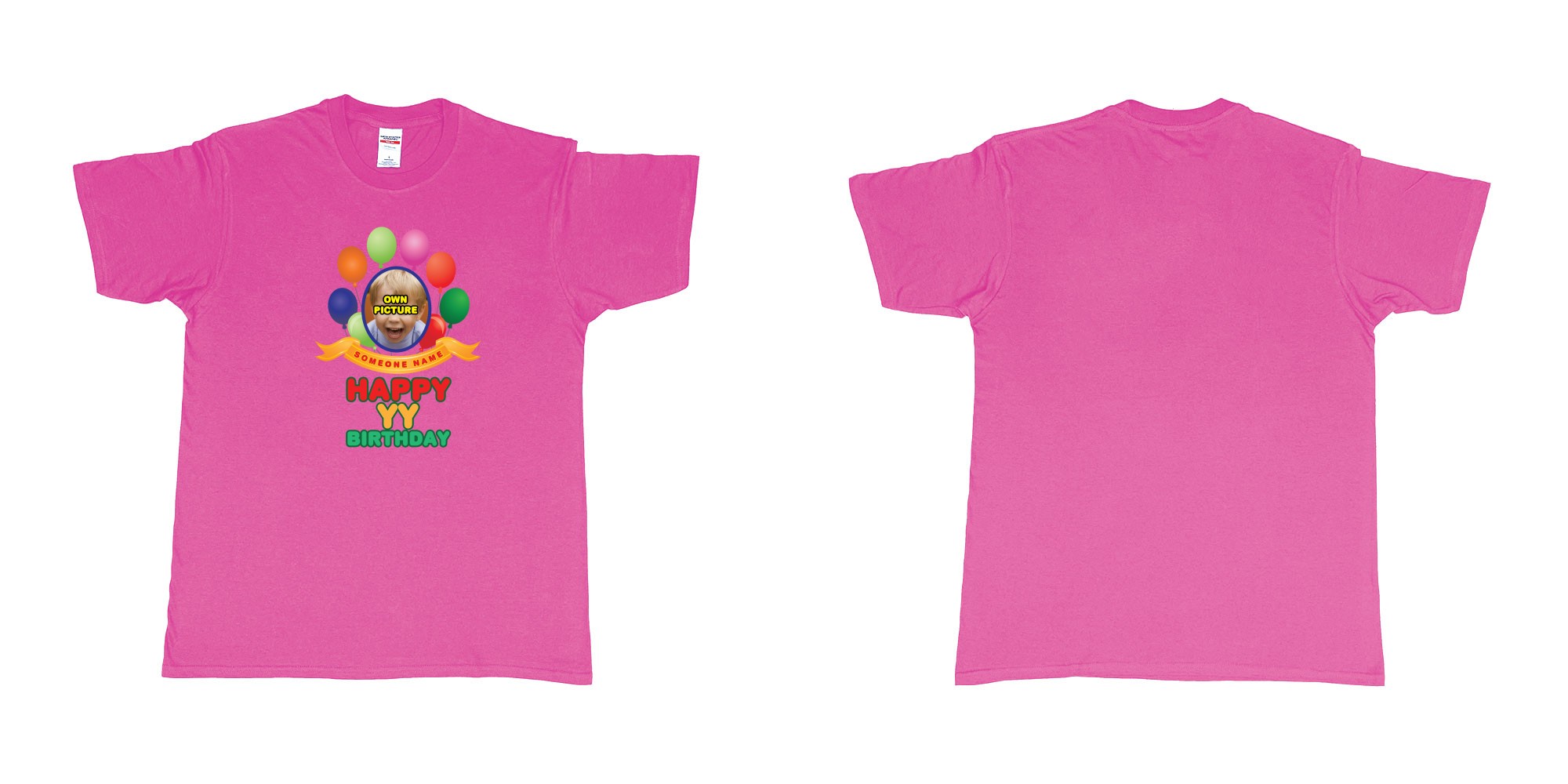Custom tshirt design happy birthday balloon confetti custom name year t shirt printing bali in fabric color heliconia choice your own text made in Bali by The Pirate Way