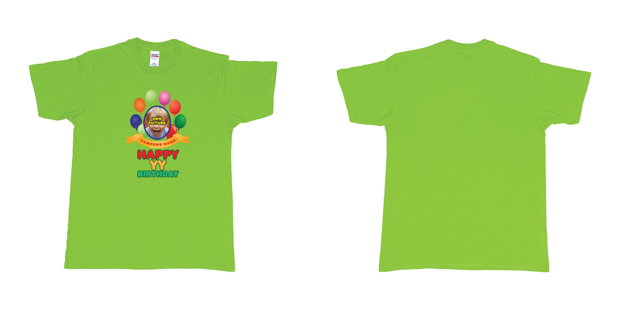 Custom tshirt design happy birthday balloon confetti custom name year t shirt printing bali in fabric color lime choice your own text made in Bali by The Pirate Way