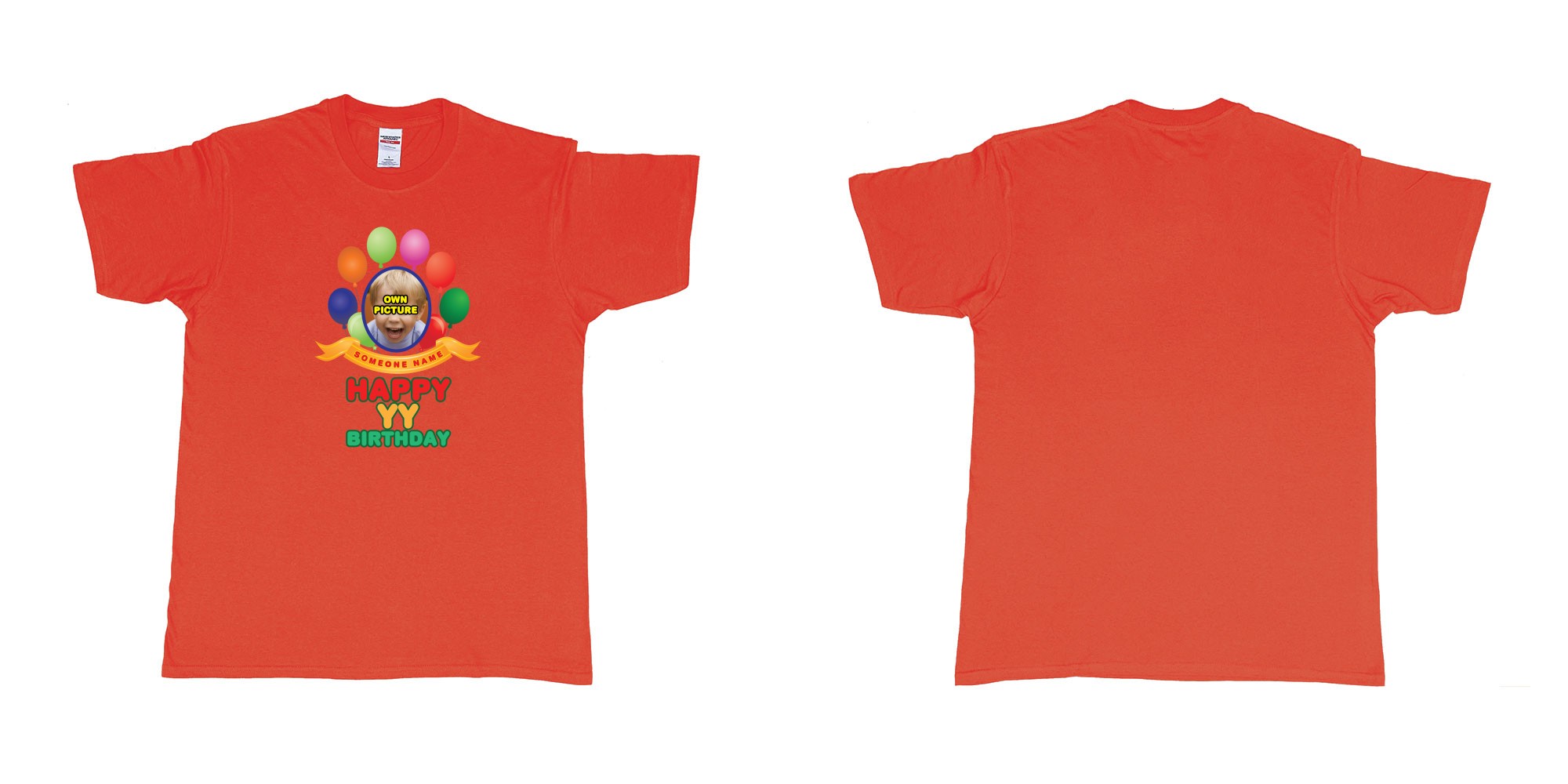 Custom tshirt design happy birthday balloon confetti custom name year t shirt printing bali in fabric color red choice your own text made in Bali by The Pirate Way