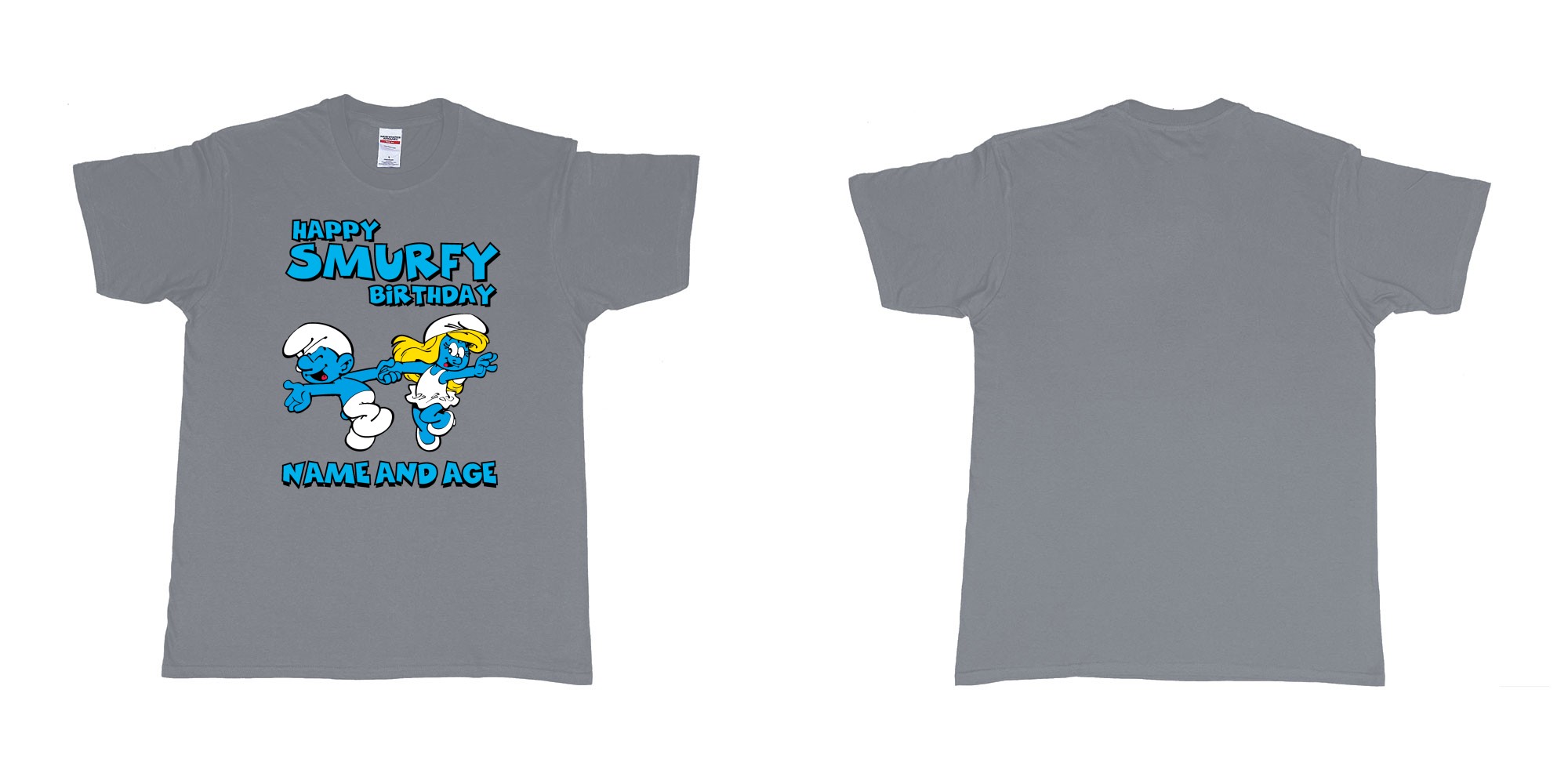 Custom tshirt design happy smurfy birthday in fabric color misty choice your own text made in Bali by The Pirate Way