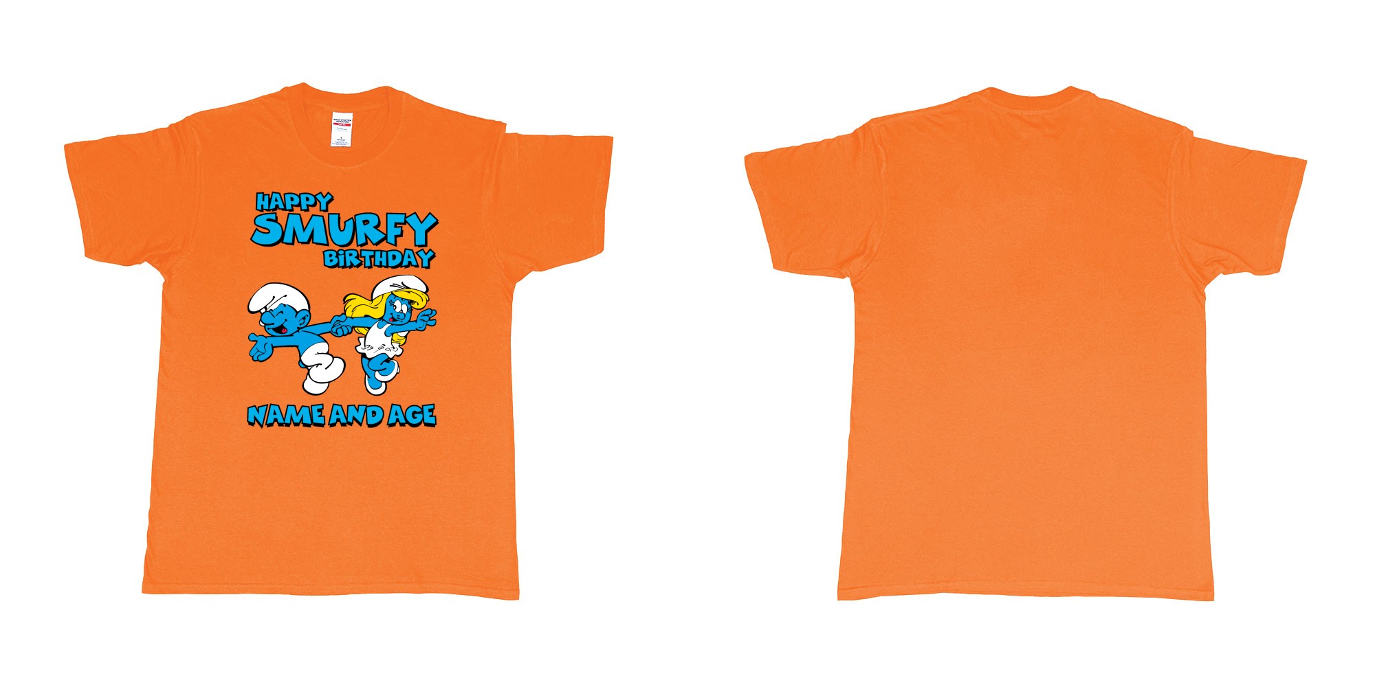 Custom tshirt design happy smurfy birthday in fabric color orange choice your own text made in Bali by The Pirate Way