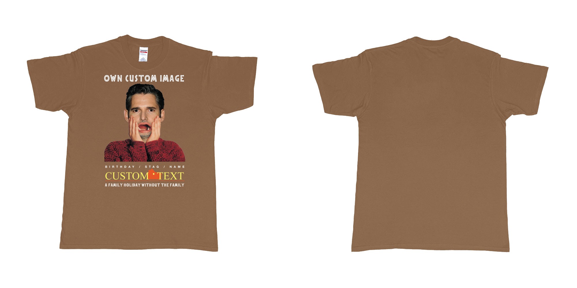 Custom tshirt design home alone custom image in fabric color chestnut choice your own text made in Bali by The Pirate Way