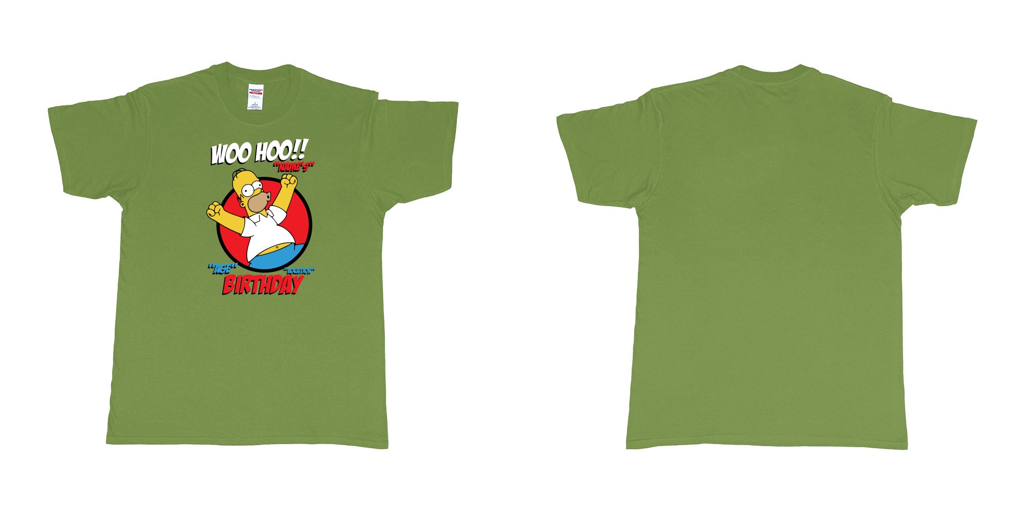 Custom tshirt design homer simpson woo hoo custom age name birthday in fabric color military-green choice your own text made in Bali by The Pirate Way
