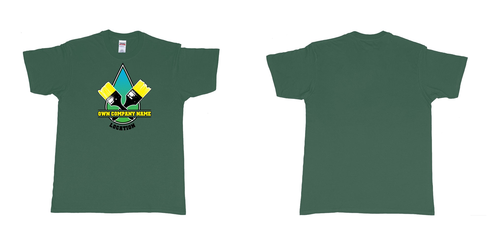 Custom tshirt design house painter company drop of paint with two brushes own company name and location personalized bali in fabric color forest-green choice your own text made in Bali by The Pirate Way
