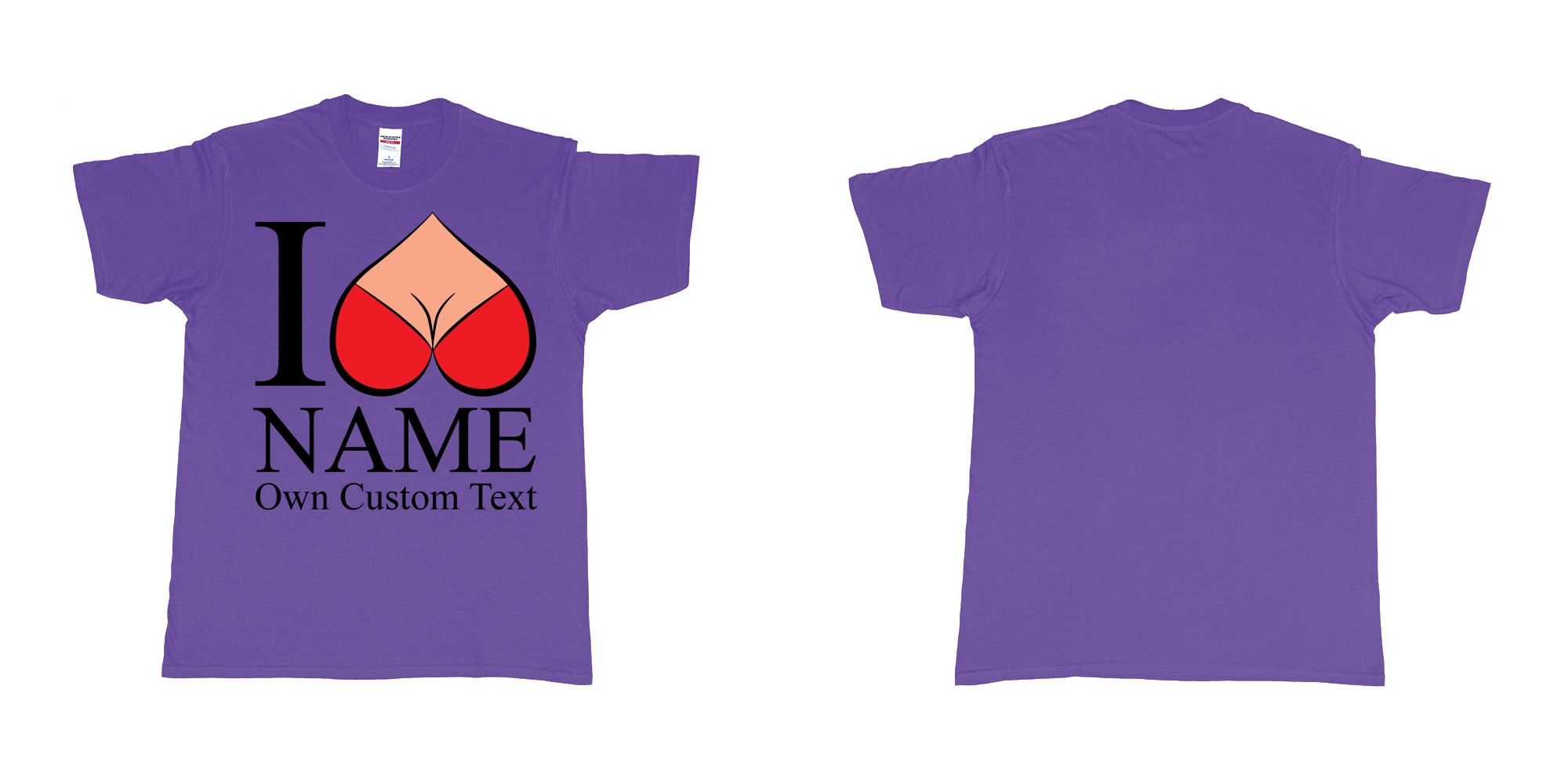 Custom tshirt design i reversed heart boobs custom text design print in fabric color purple choice your own text made in Bali by The Pirate Way