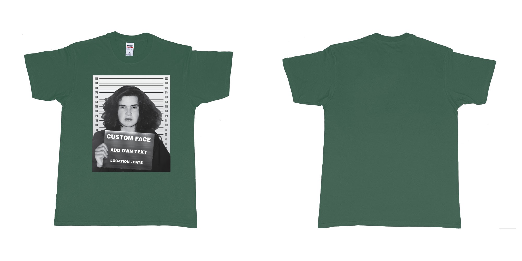 Custom tshirt design jimmy carr arrested bali mugshot in fabric color forest-green choice your own text made in Bali by The Pirate Way