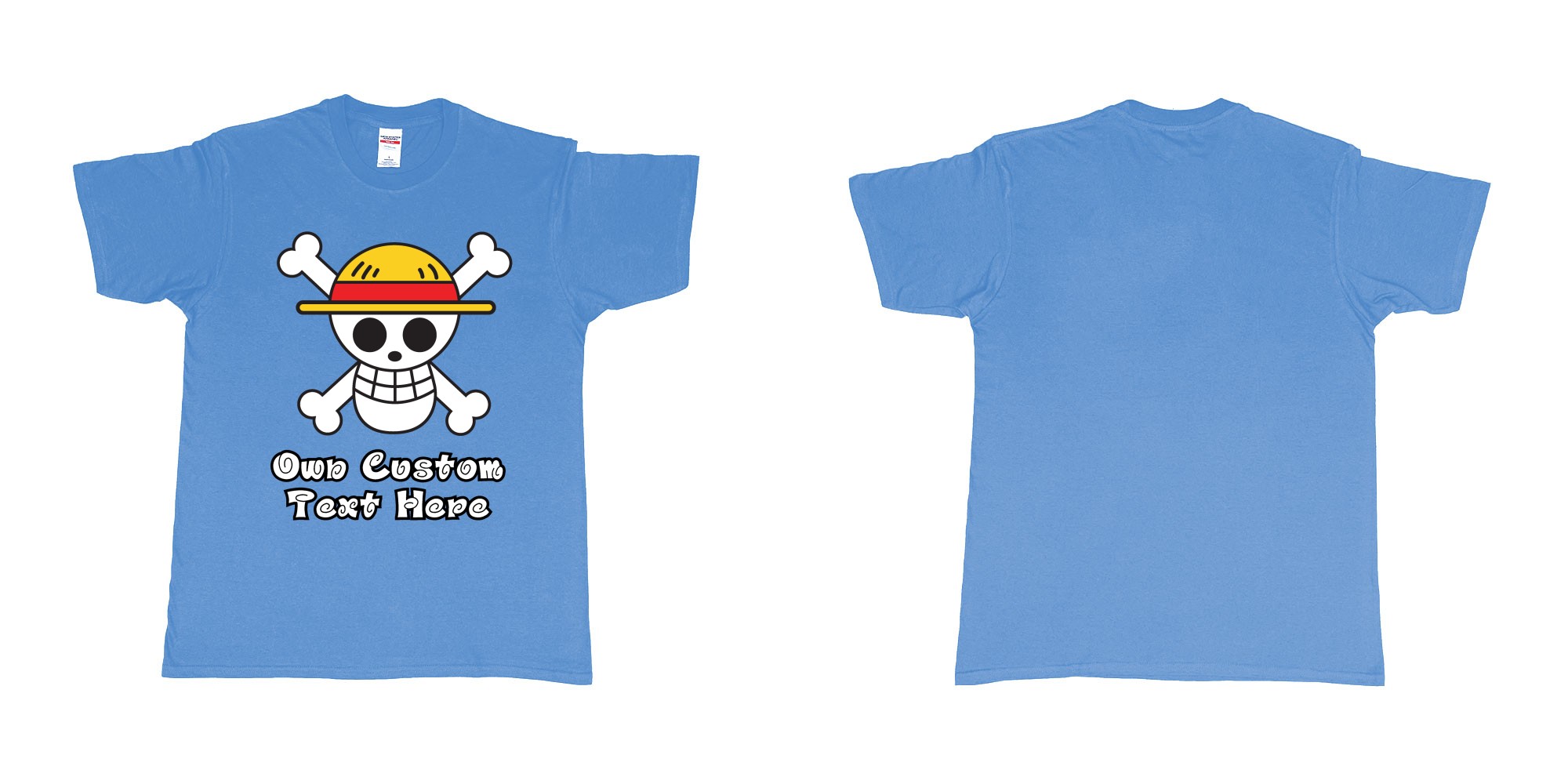 Custom tshirt design jolly roger of the straw hat pirates one piece custom print in fabric color carolina-blue choice your own text made in Bali by The Pirate Way