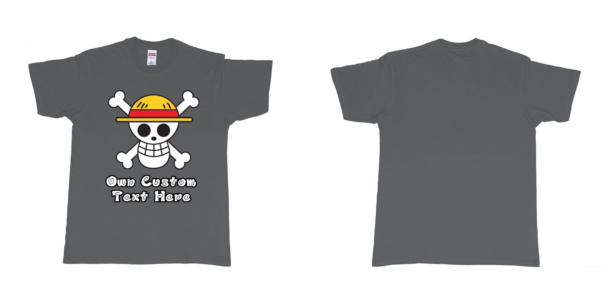 Custom tshirt design jolly roger of the straw hat pirates one piece custom print in fabric color charcoal choice your own text made in Bali by The Pirate Way