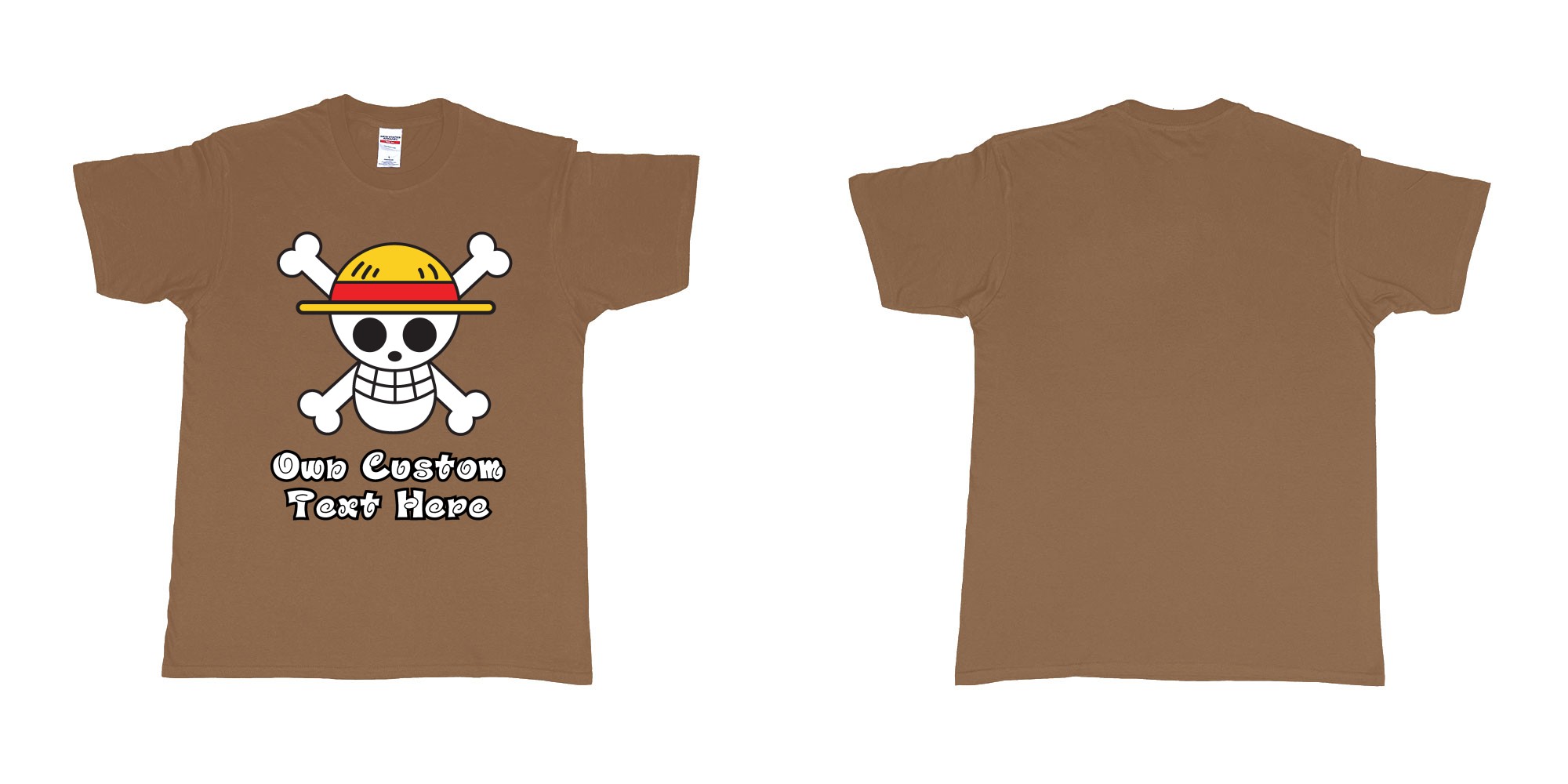 Custom tshirt design jolly roger of the straw hat pirates one piece custom print in fabric color chestnut choice your own text made in Bali by The Pirate Way