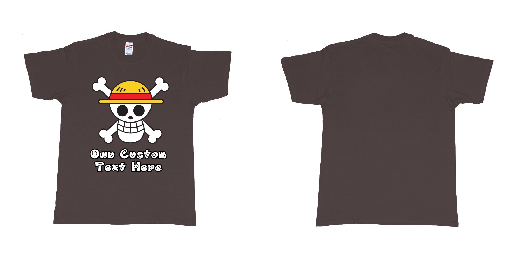 Custom tshirt design jolly roger of the straw hat pirates one piece custom print in fabric color dark-chocolate choice your own text made in Bali by The Pirate Way