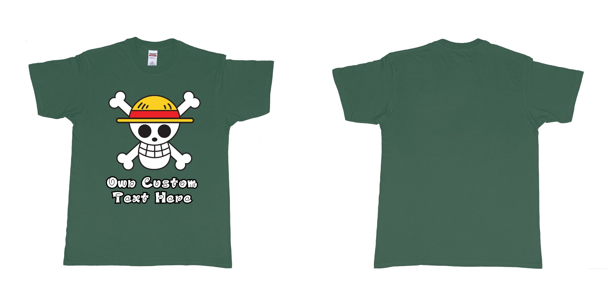 Custom tshirt design jolly roger of the straw hat pirates one piece custom print in fabric color forest-green choice your own text made in Bali by The Pirate Way