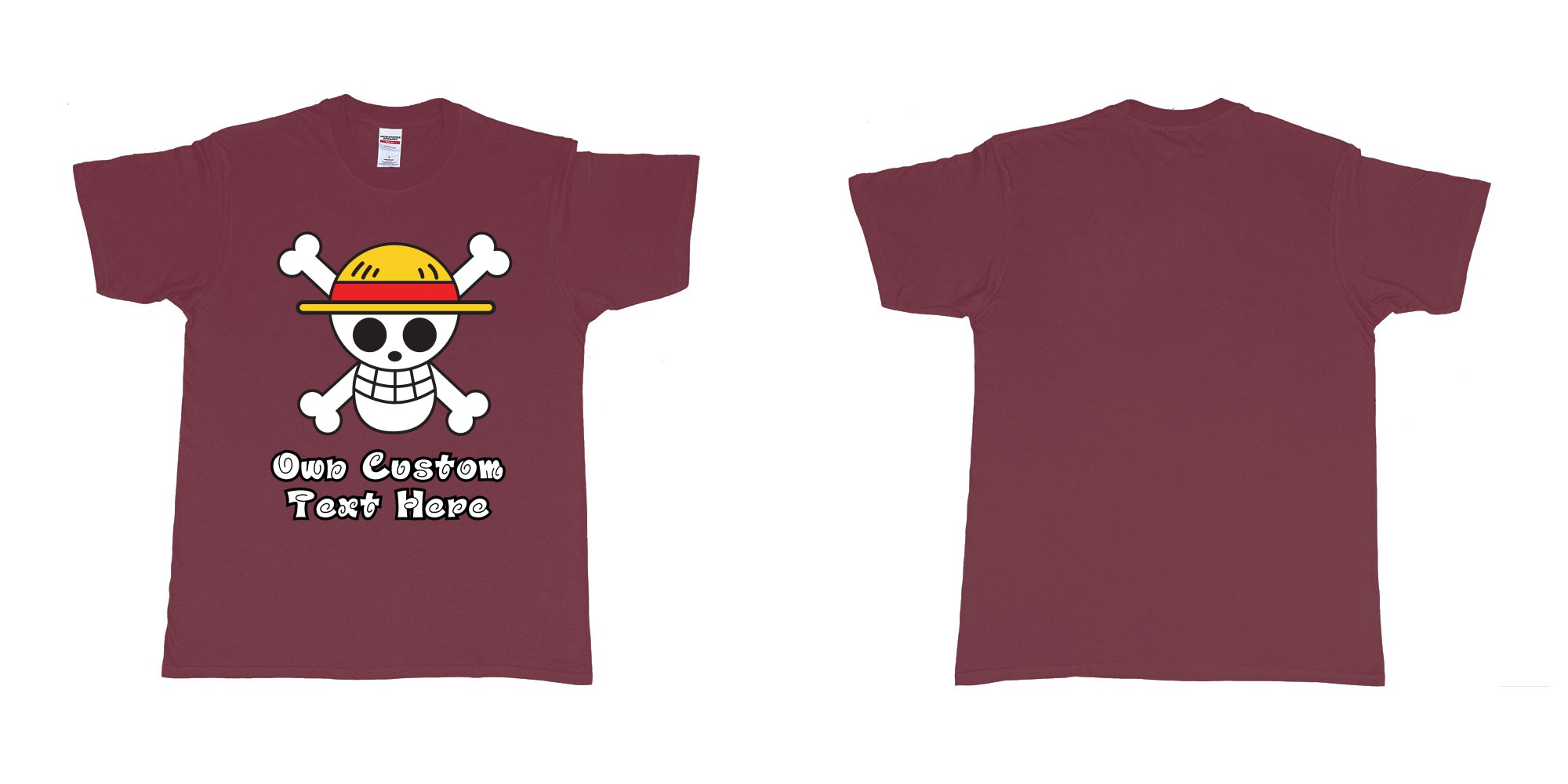 Custom tshirt design jolly roger of the straw hat pirates one piece custom print in fabric color marron choice your own text made in Bali by The Pirate Way