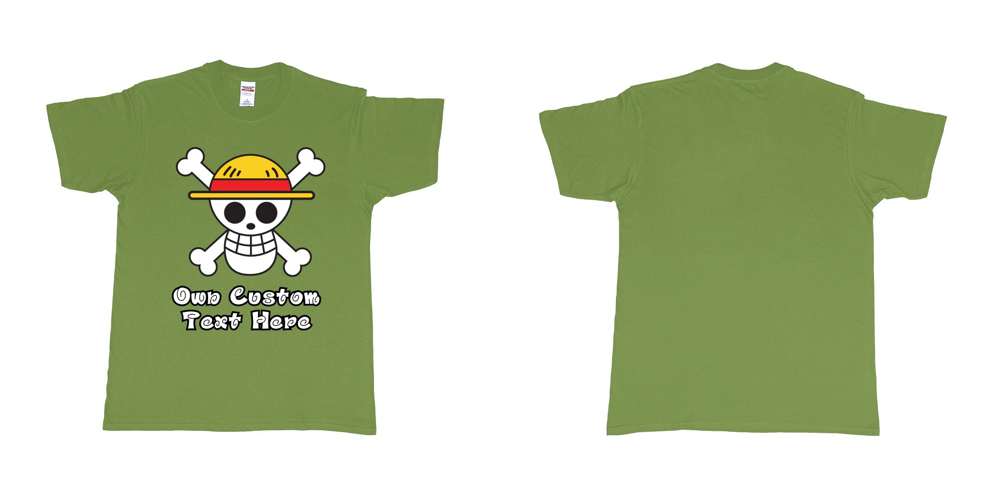 Custom tshirt design jolly roger of the straw hat pirates one piece custom print in fabric color military-green choice your own text made in Bali by The Pirate Way