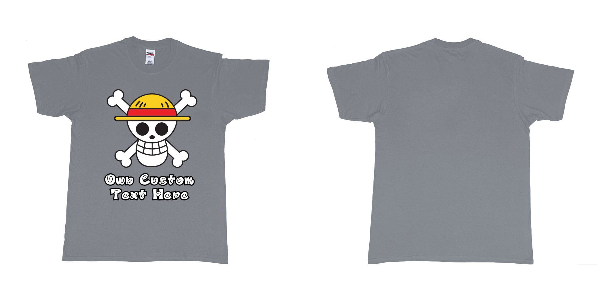Custom tshirt design jolly roger of the straw hat pirates one piece custom print in fabric color misty choice your own text made in Bali by The Pirate Way