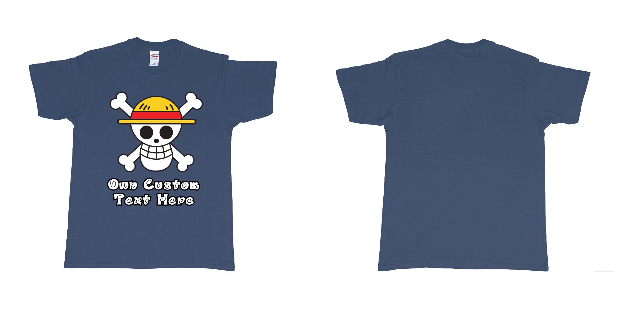 Custom tshirt design jolly roger of the straw hat pirates one piece custom print in fabric color navy choice your own text made in Bali by The Pirate Way
